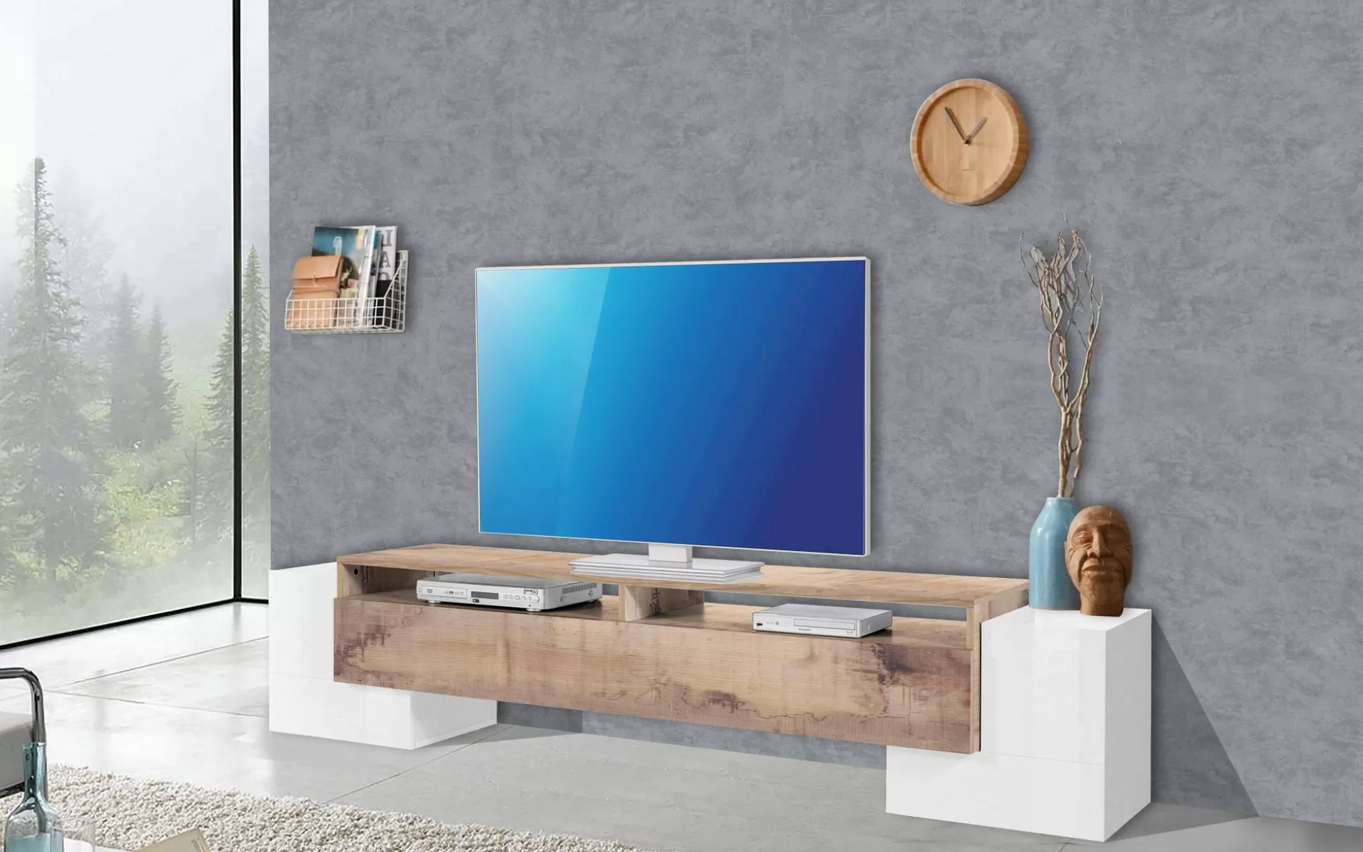 Dmora Mobili Porta Tv<Mobile porta TV Amis, cm 210x45h45, Bianco lucido e Acero
