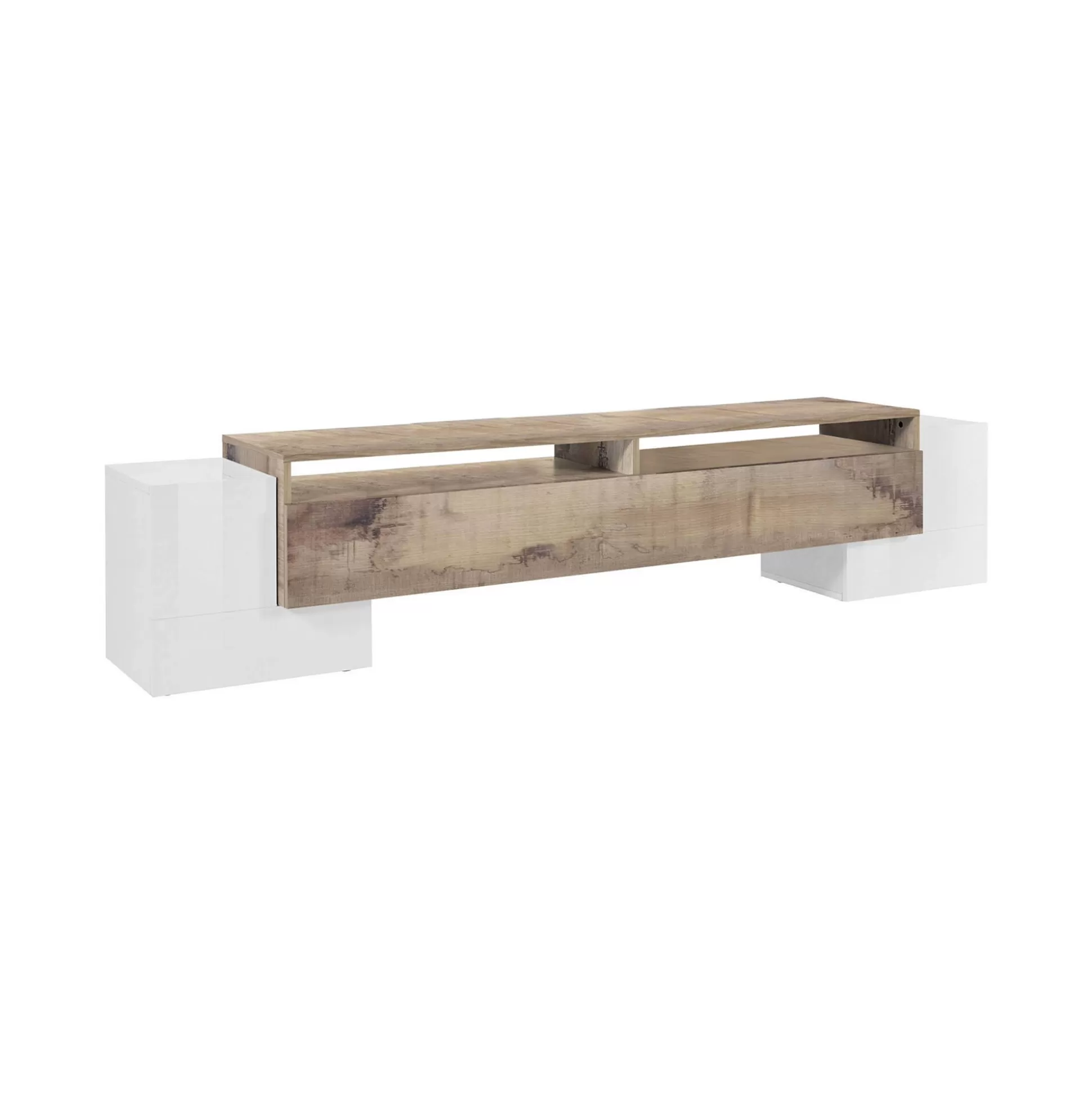 Dmora Mobili Porta Tv<Mobile porta TV Amis, cm 210x45h45, Bianco lucido e Acero