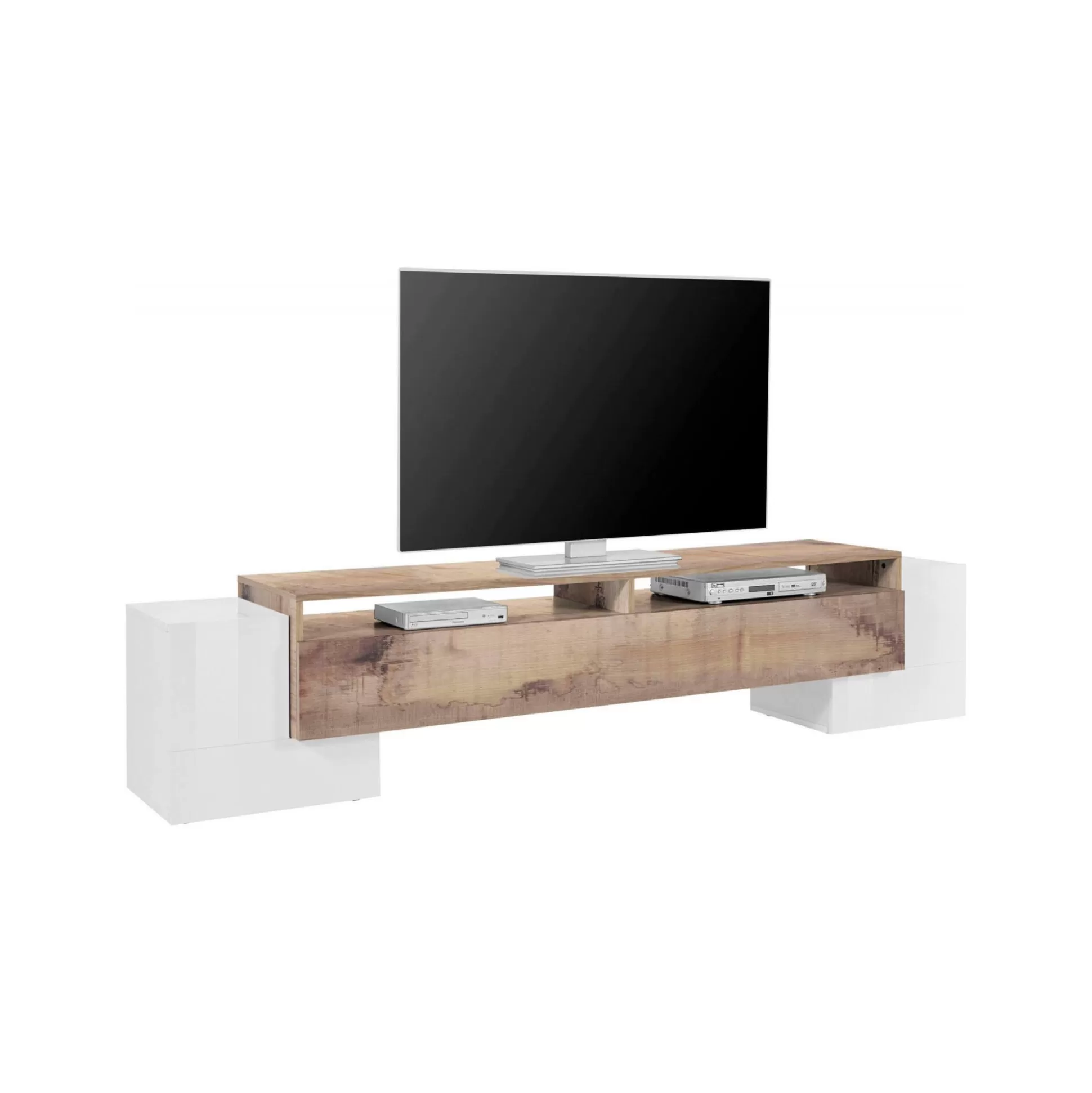 Dmora Mobili Porta Tv<Mobile porta TV Amis, cm 210x45h45, Bianco lucido e Acero