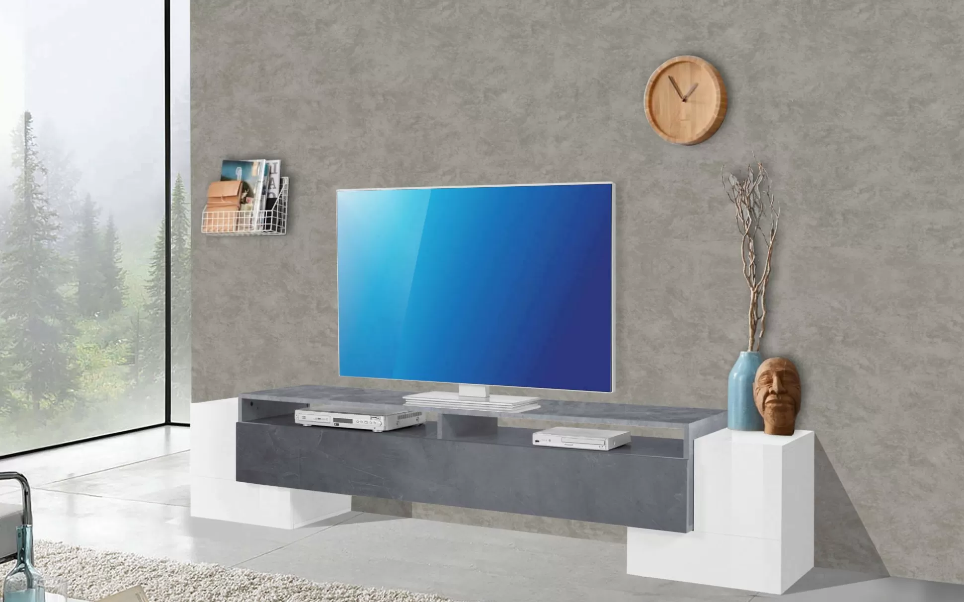 Dmora Mobili Porta Tv<Mobile porta TV Amis, cm 210x45h45, Bianco lucido e Ardesia