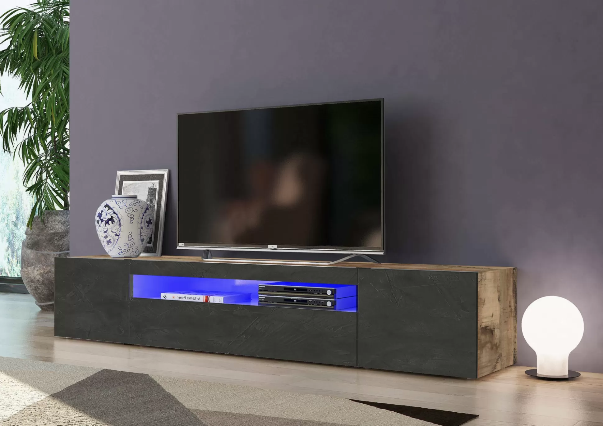 Dmora Mobili Porta Tv<Mobile porta TV Amore, Acero e Ardesia, con luce LED