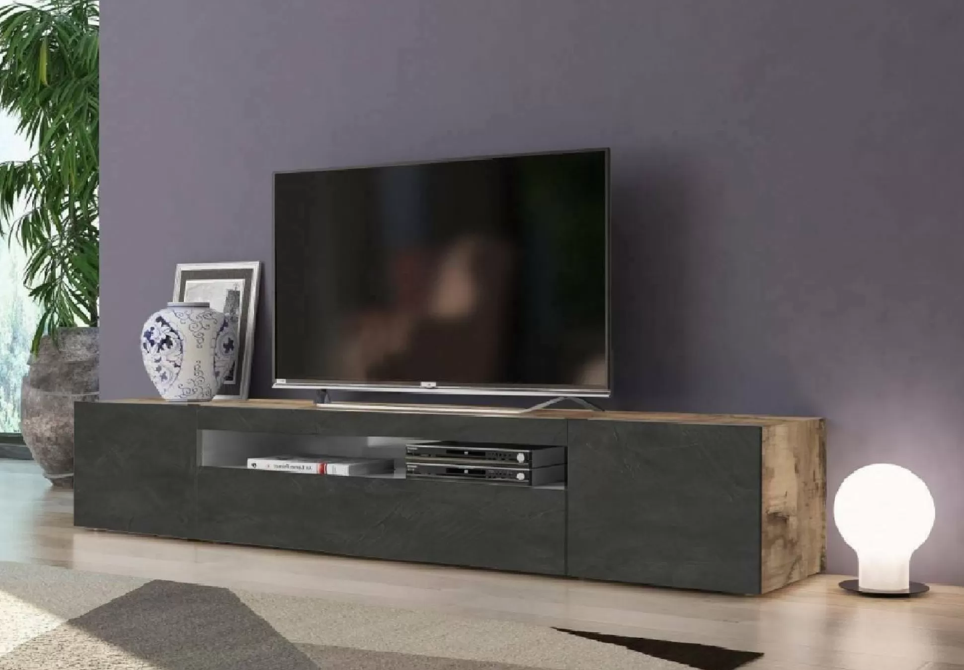 Dmora Mobili Porta Tv<Mobile porta TV Amore, cm 200x40h37, Acero e Ardesia