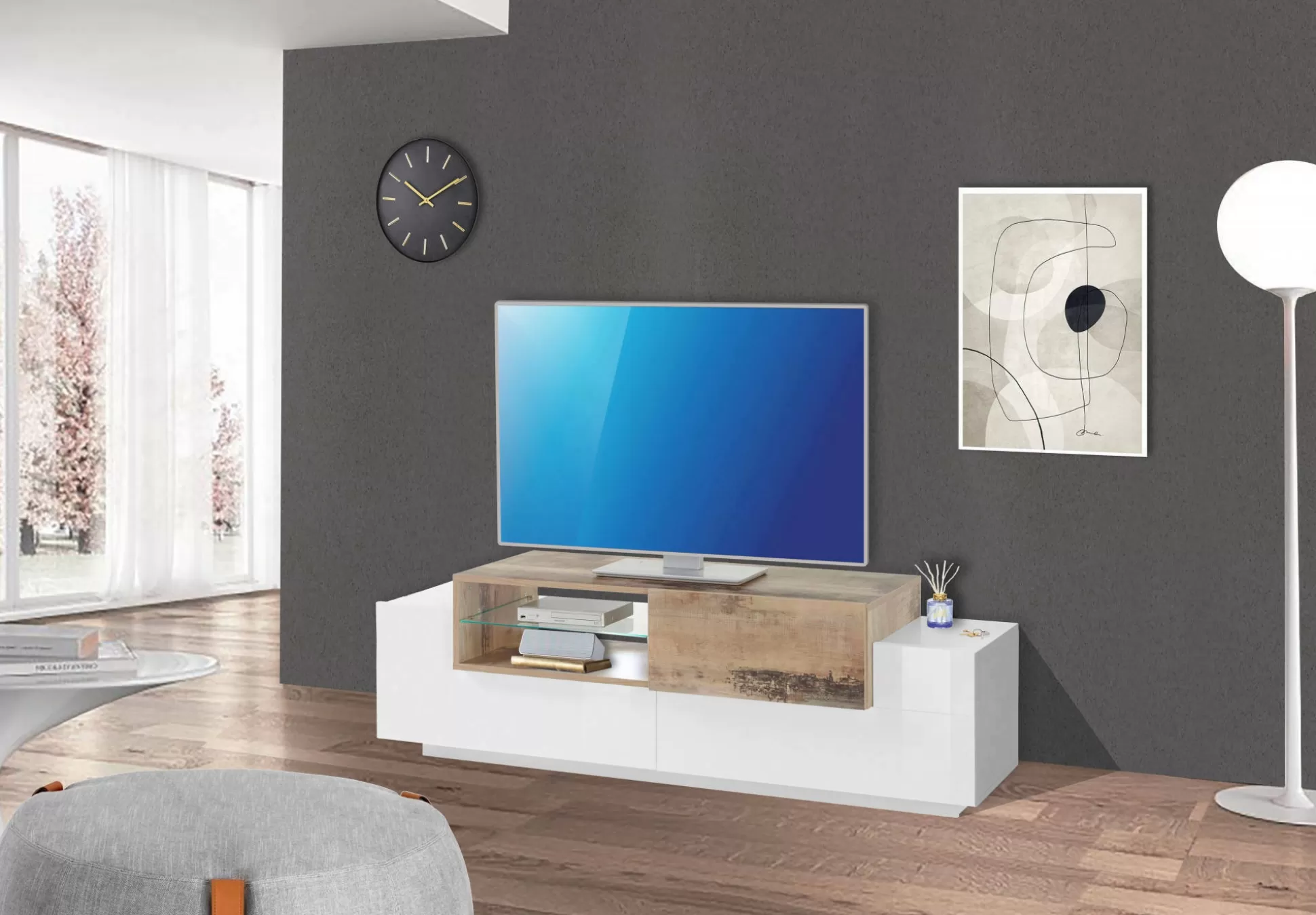 Dmora Mobili Porta Tv<Mobile porta TV Andris, cm 160x45h51, Bianco lucido e Acero