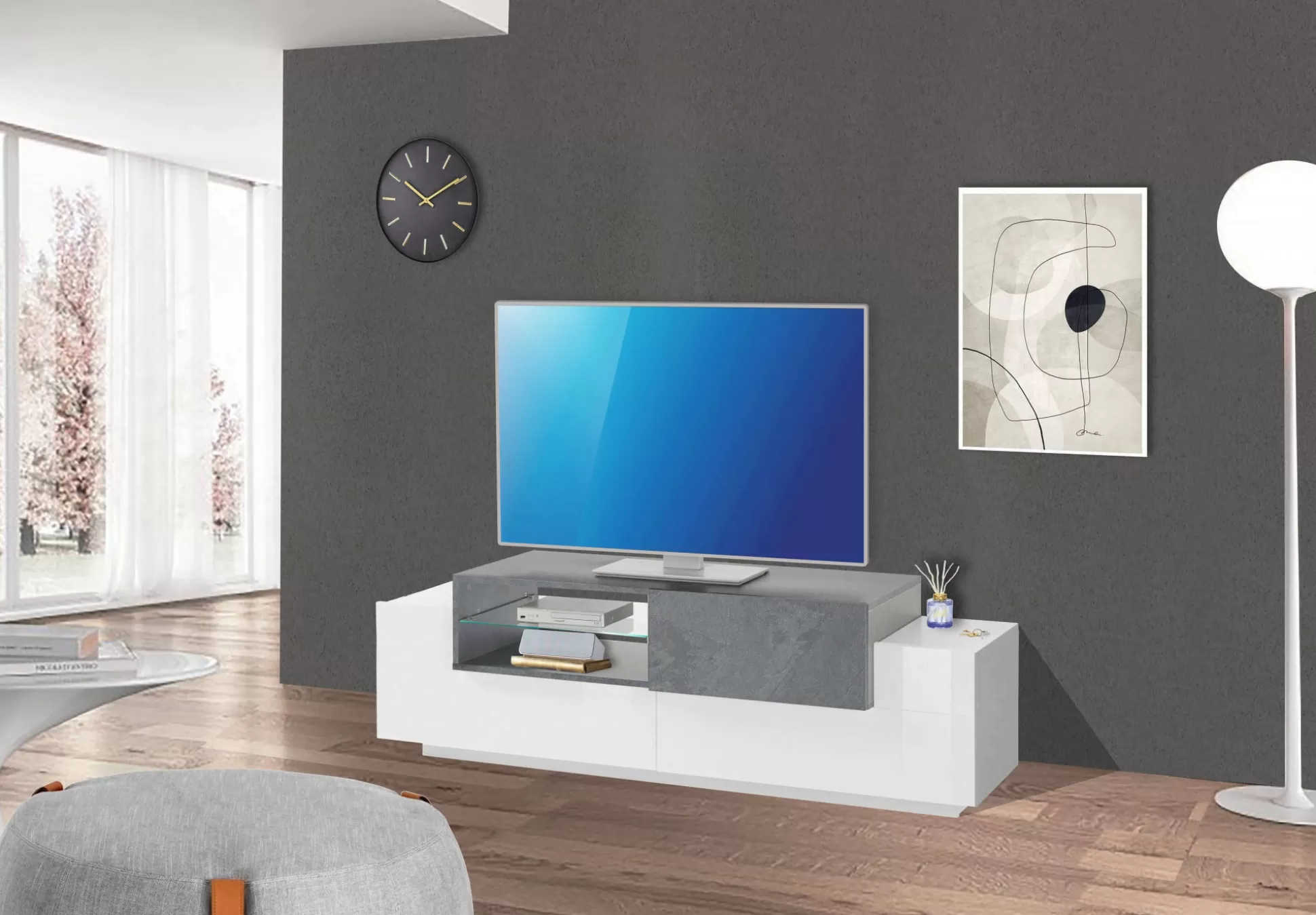 Dmora Mobili Porta Tv<Mobile porta TV Andris, cm 160x45h51, Bianco lucido e Ardesia