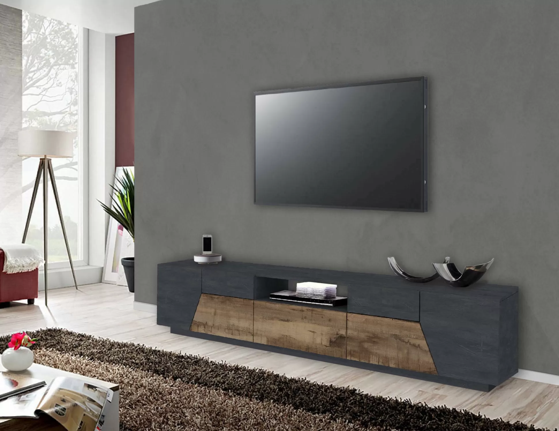 Dmora Mobili Porta Tv<Mobile porta TV Animai, cm 220x43h46, Ardesia e Acero