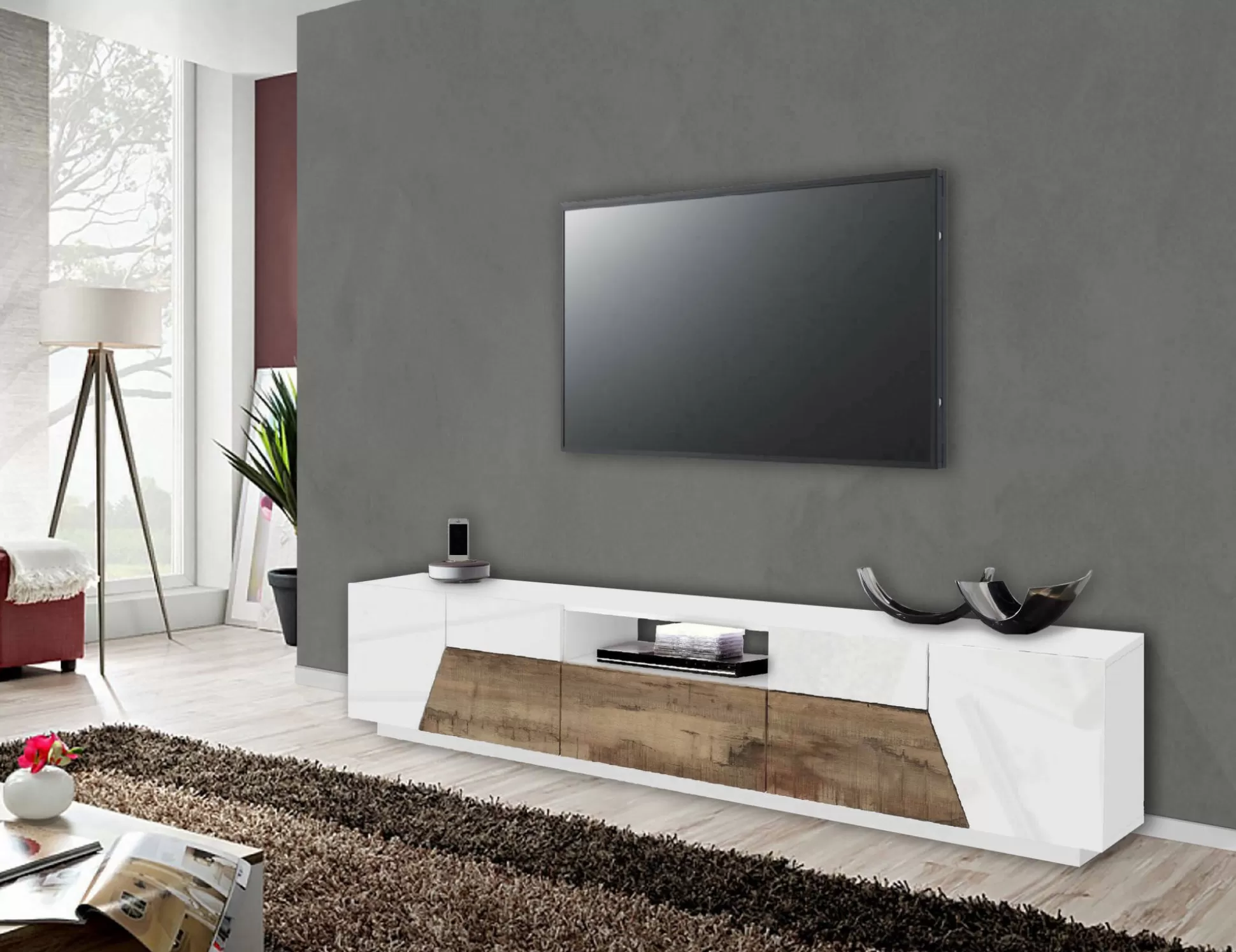 Dmora Mobili Porta Tv<Mobile porta TV Animai, cm 220x43h46, Bianco lucido e Acero