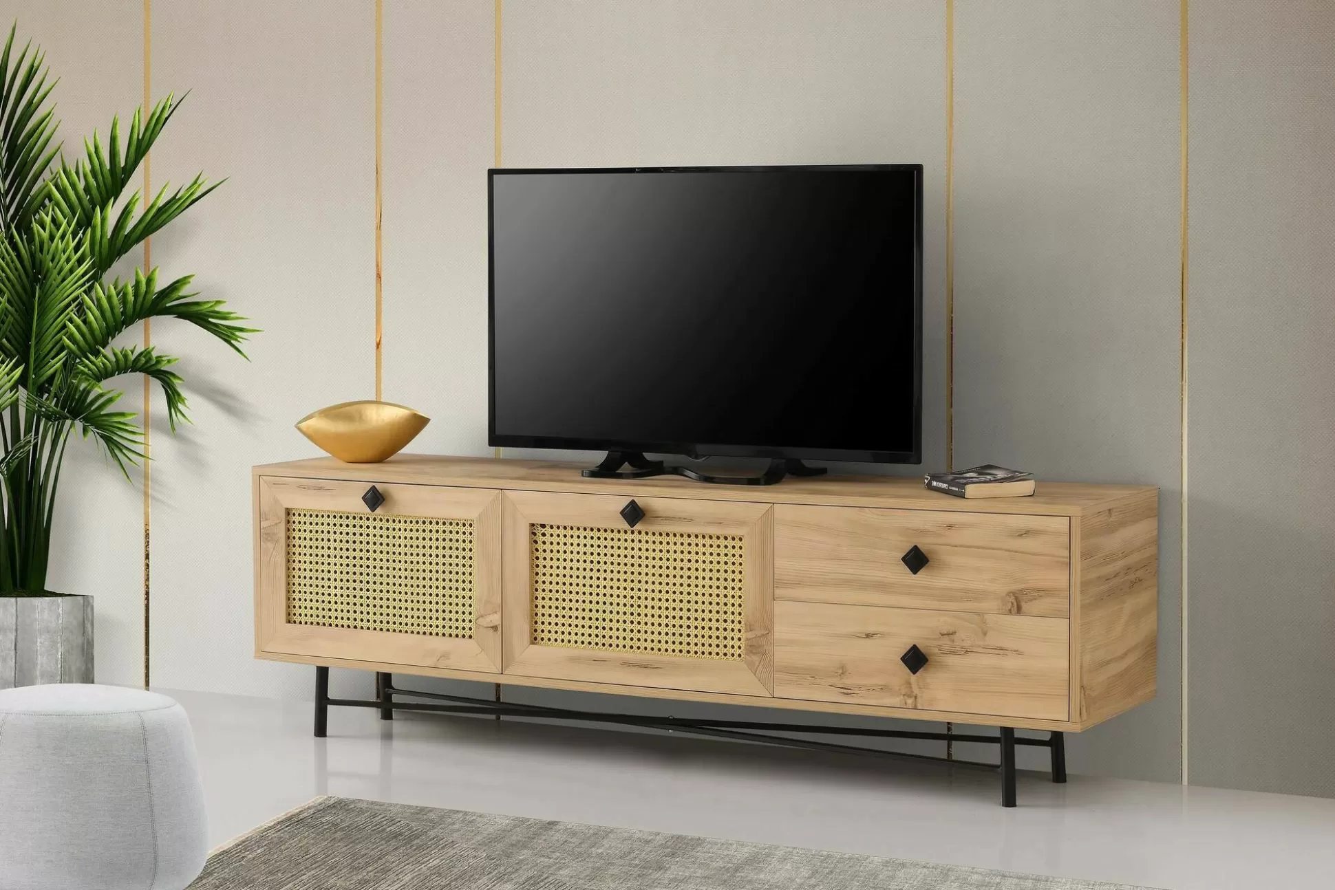 Dmora Mobili Porta Tv<Mobile porta TV Apollinare, Quercia e Nero, 180x40h60 cm
