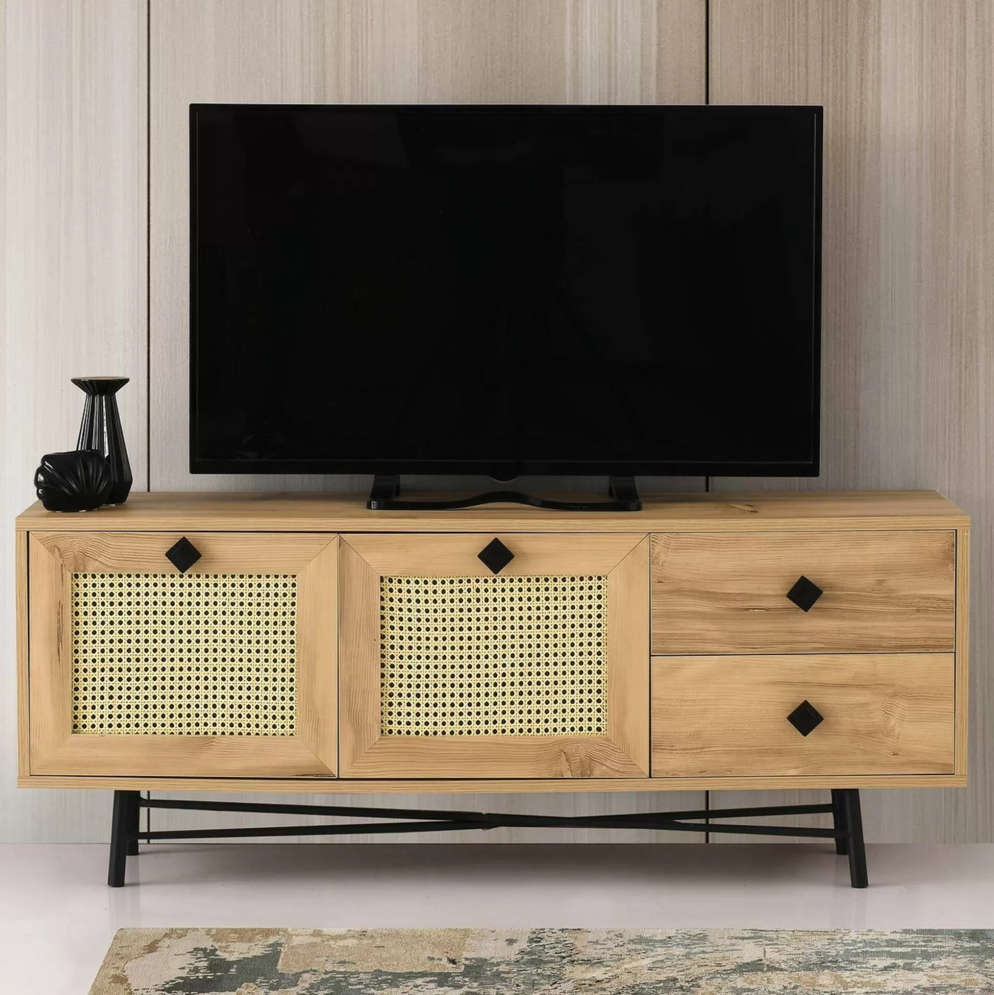 Dmora Mobili Porta Tv<Mobile porta TV Apollinare, Quercia e Nero, 140x40h60 cm