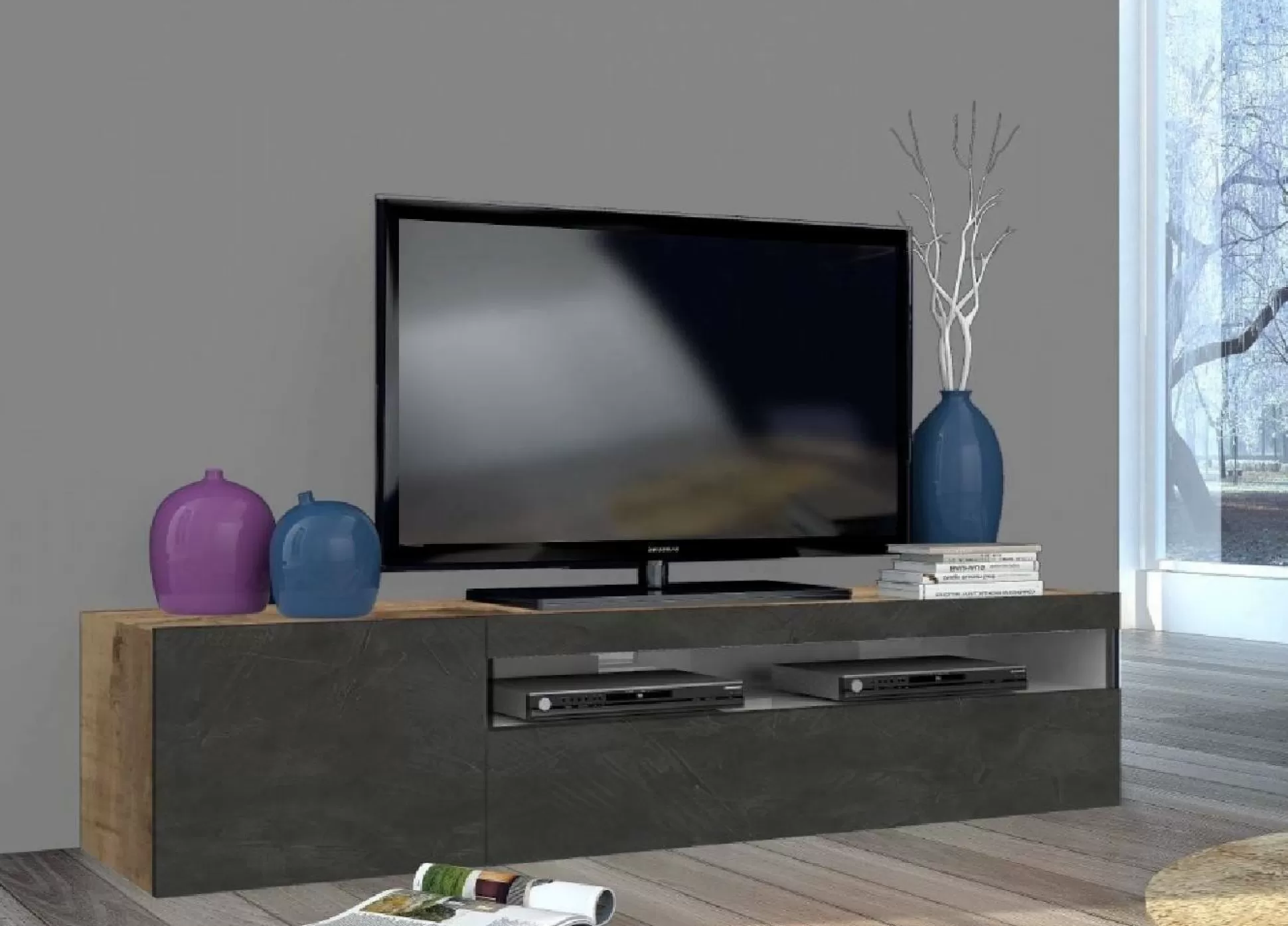 Dmora Mobili Porta Tv<Mobile porta TV Aquilo, cm 150x40h37, Acero e Ardesia