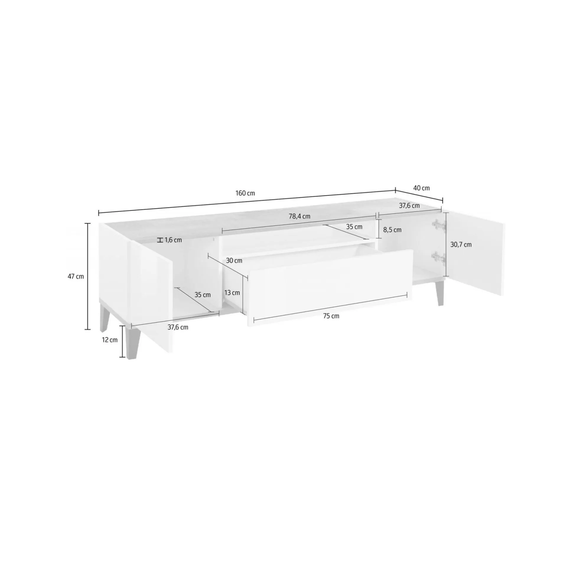 Dmora Mobili Porta Tv<Mobile porta TV Argentoro, cm 160x40h47, Bianco lucido e Acero