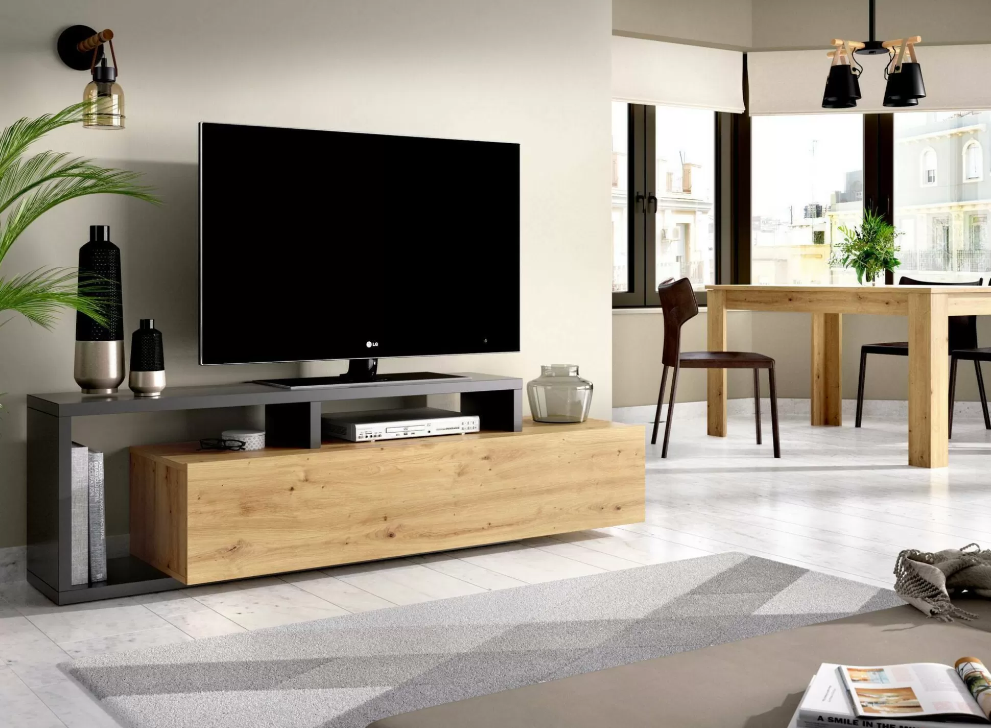 Dmora Mobili Porta Tv<Mobile porta TV Argon, 165x40h47 cm, Rovere Nodi e Antracite