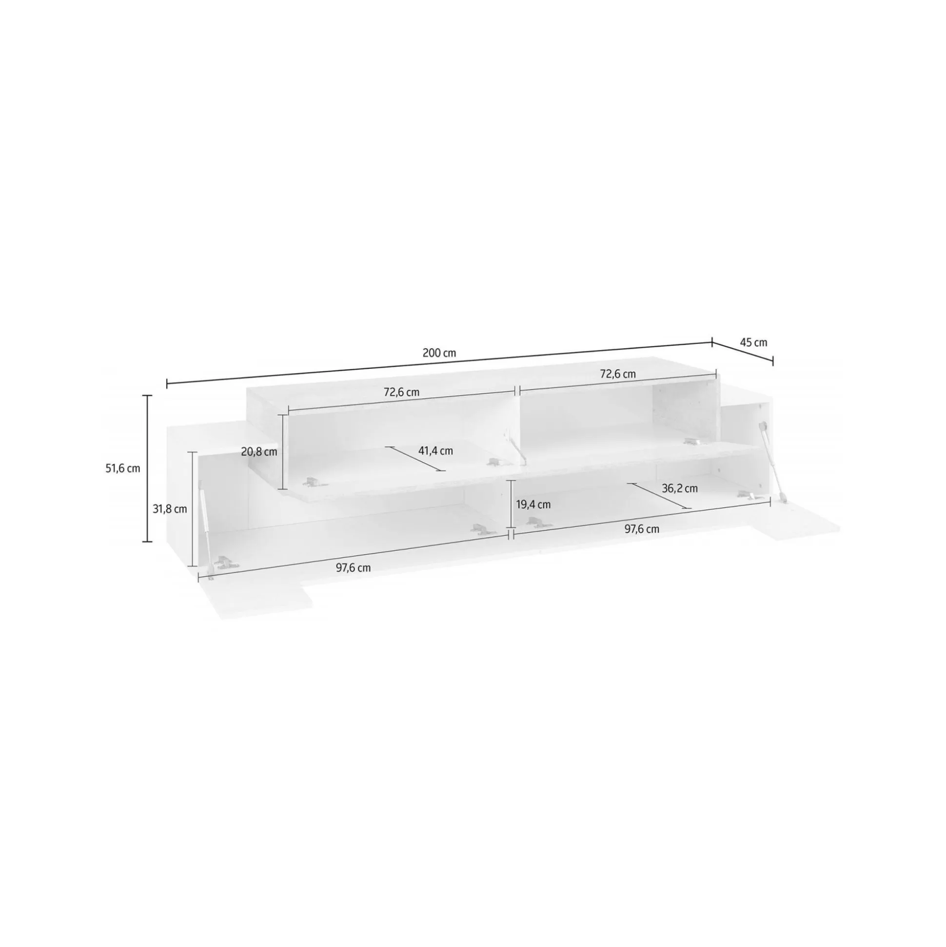 Dmora Mobili Porta Tv<Mobile porta TV Arold, cm 200x45h52, Bianco lucido e Cemento