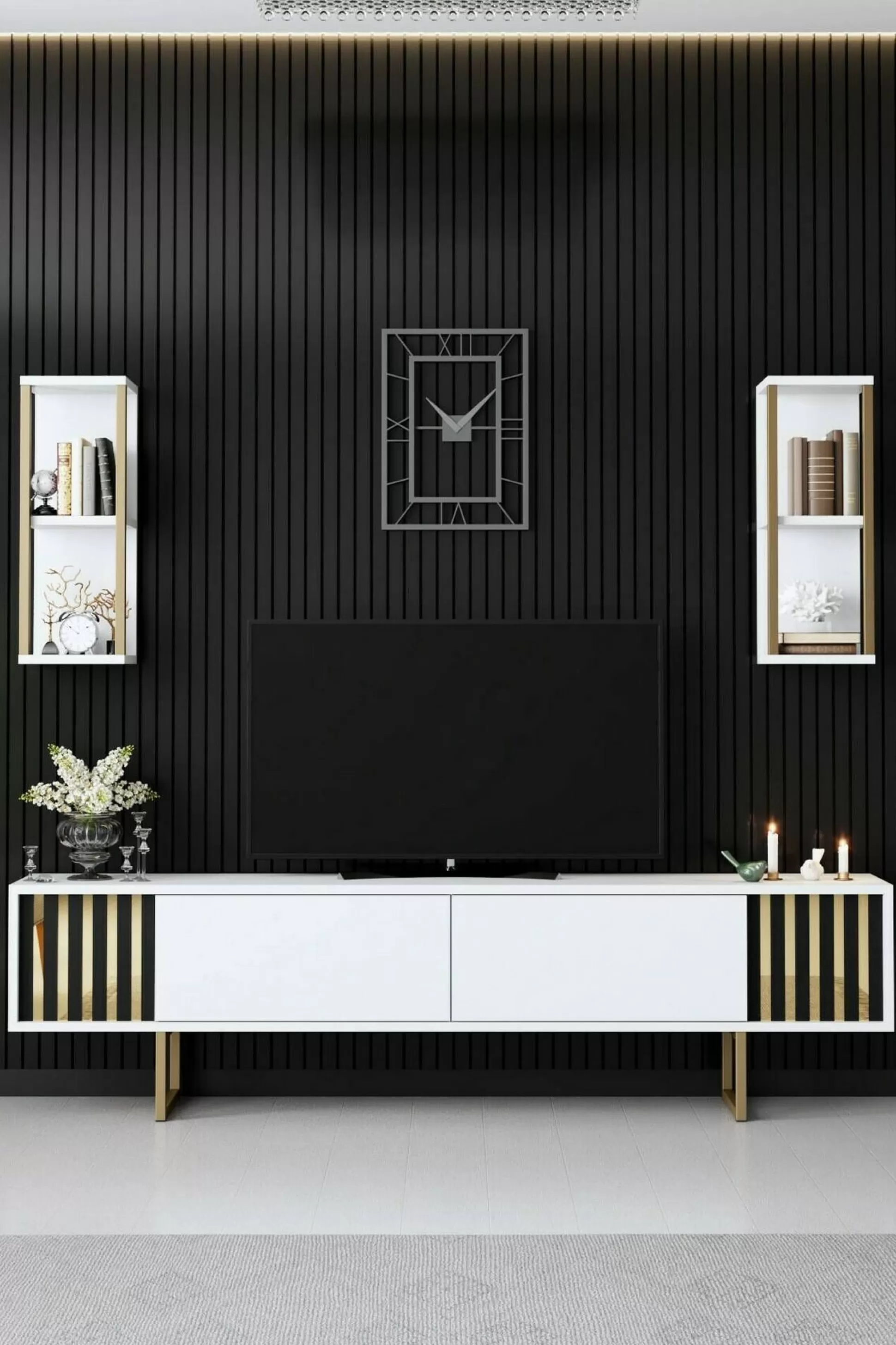 Dmora Mobili Porta Tv<Mobile porta TV Artinay, 180x30h48 cm, Bianco e Nero