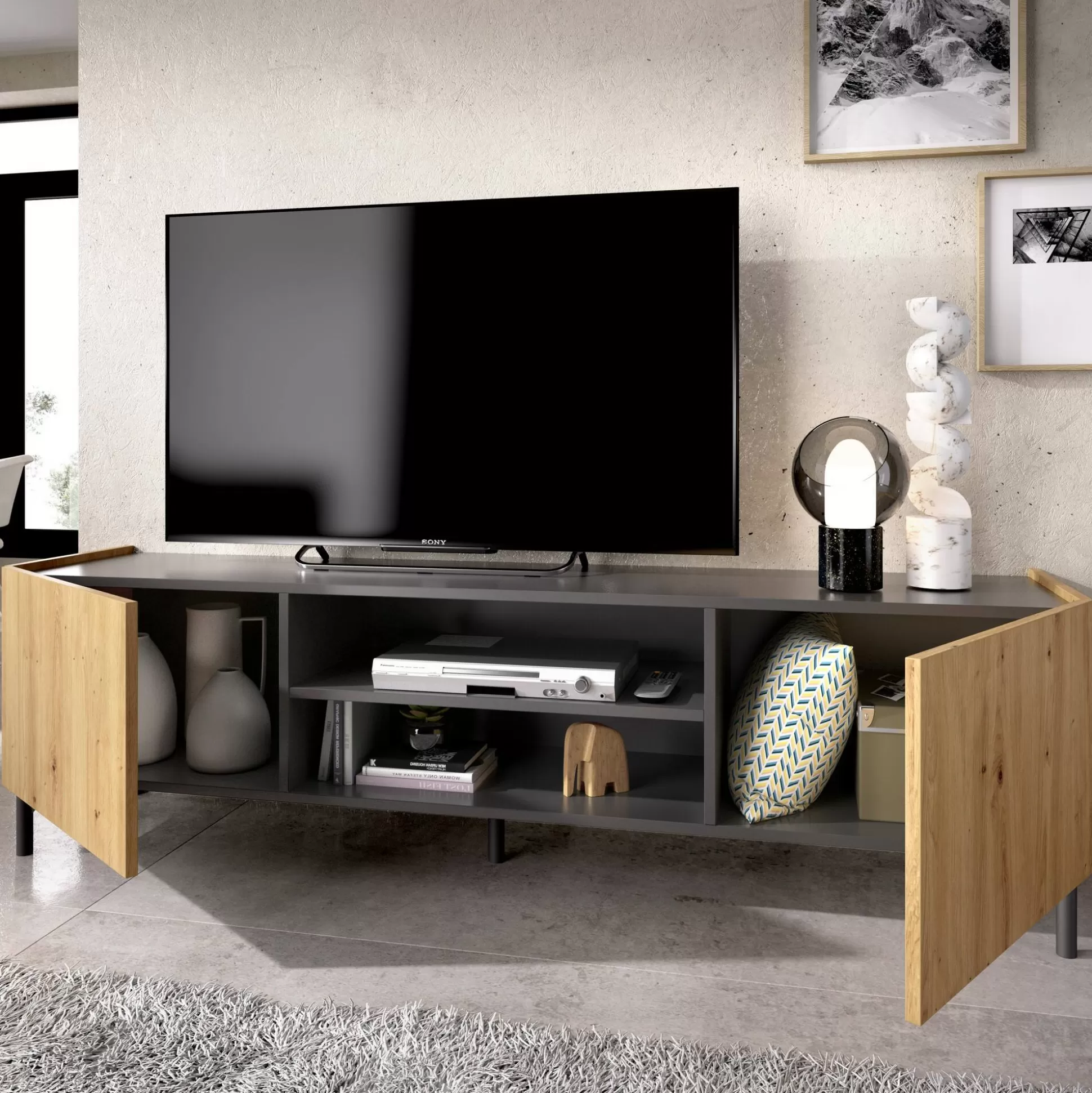 Dmora Mobili Porta Tv<Mobile porta TV Arya, 161x35h45 cm, Rovere Nodi e Antracite