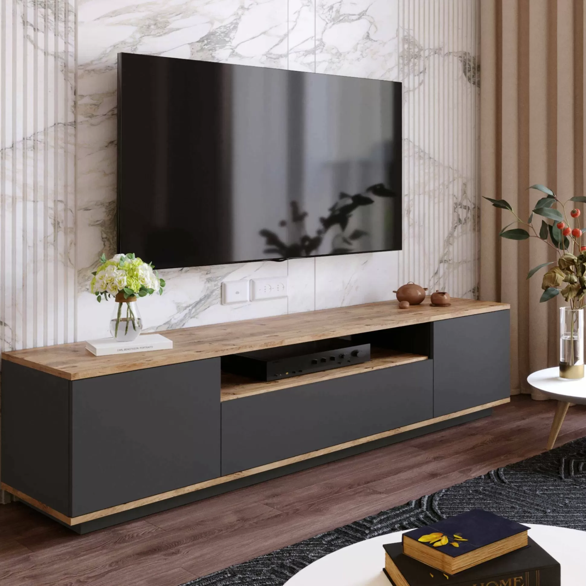 Dmora Mobili Porta Tv<Mobile porta TV Asellina, 180x45h45 cm, Quercia e Antracite