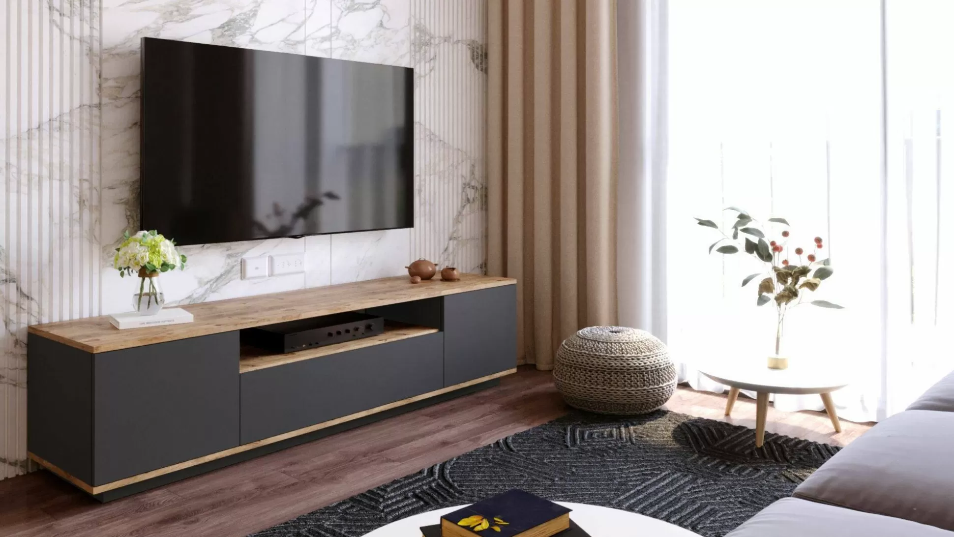 Dmora Mobili Porta Tv<Mobile porta TV Asellina, 180x45h45 cm, Quercia e Antracite