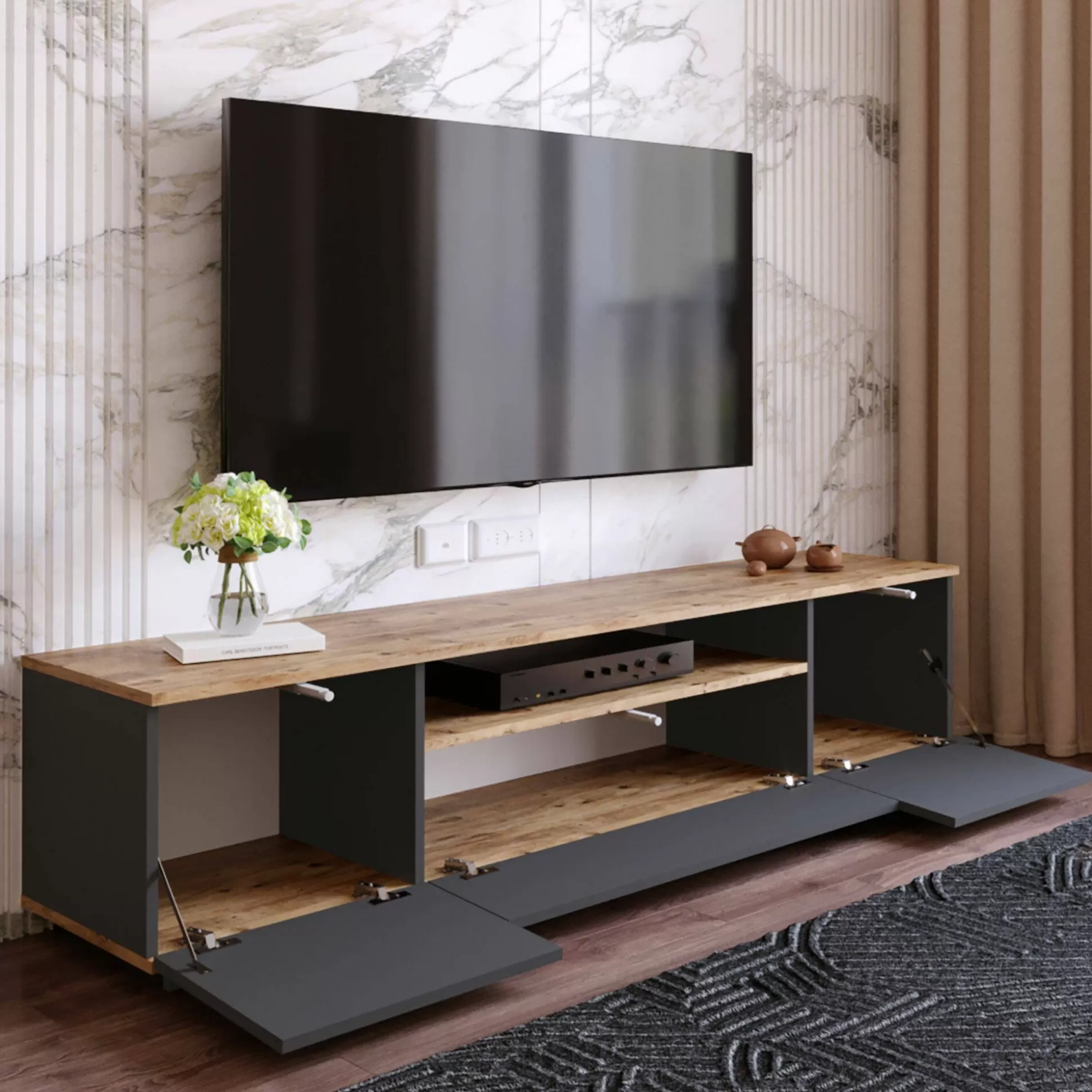 Dmora Mobili Porta Tv<Mobile porta TV Asellina, 180x45h45 cm, Quercia e Antracite