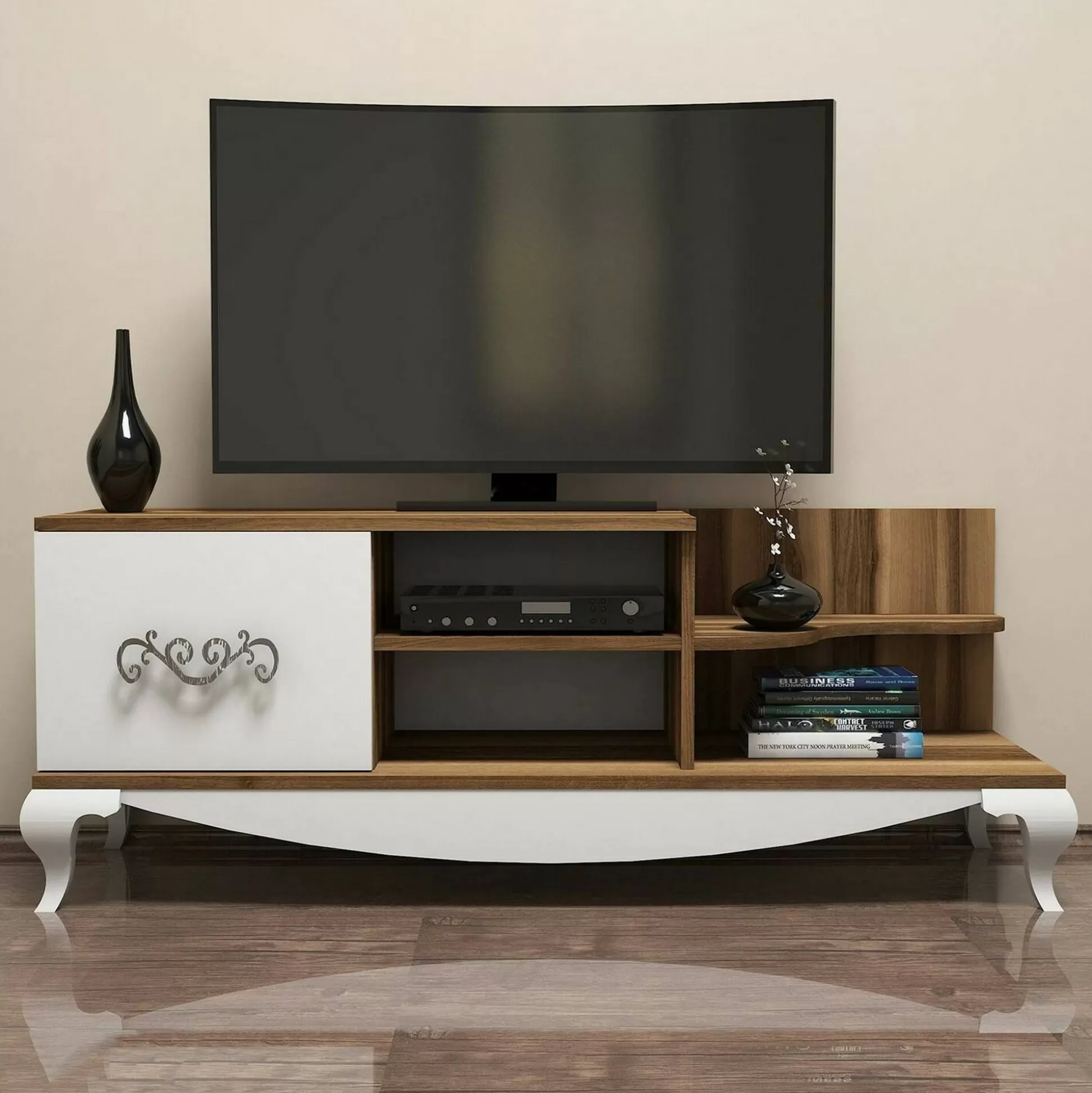Dmora Mobili Porta Tv<Mobile porta TV Assolo, 130x45h51 cm, Noce e Bianco