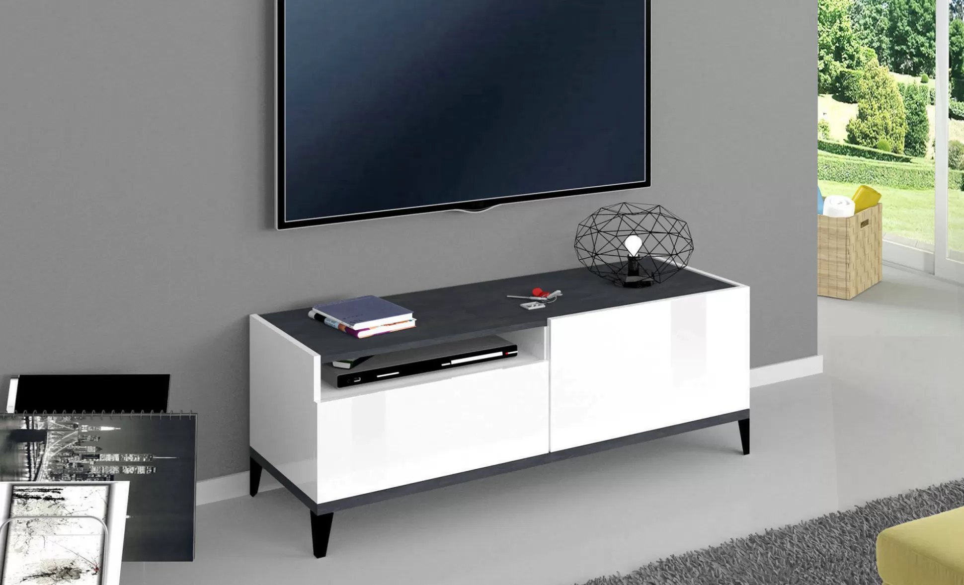 Dmora Mobili Porta Tv<Mobile porta TV Atris, cm 120x40h47, Bianco lucido e Ardesia
