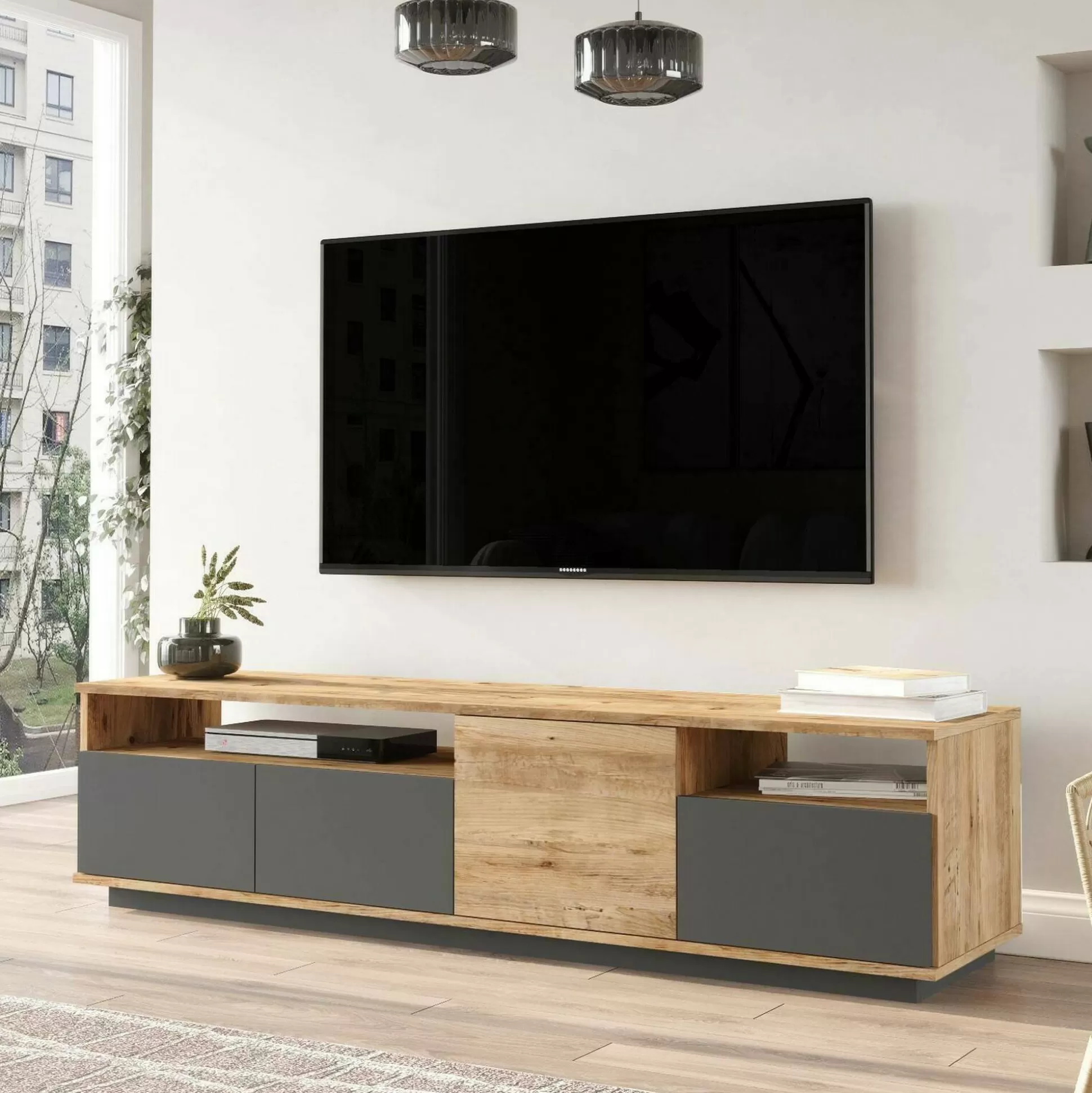 Dmora Mobili Porta Tv<Mobile porta TV Axi, 180x45h45 cm, Quercia e Antracite