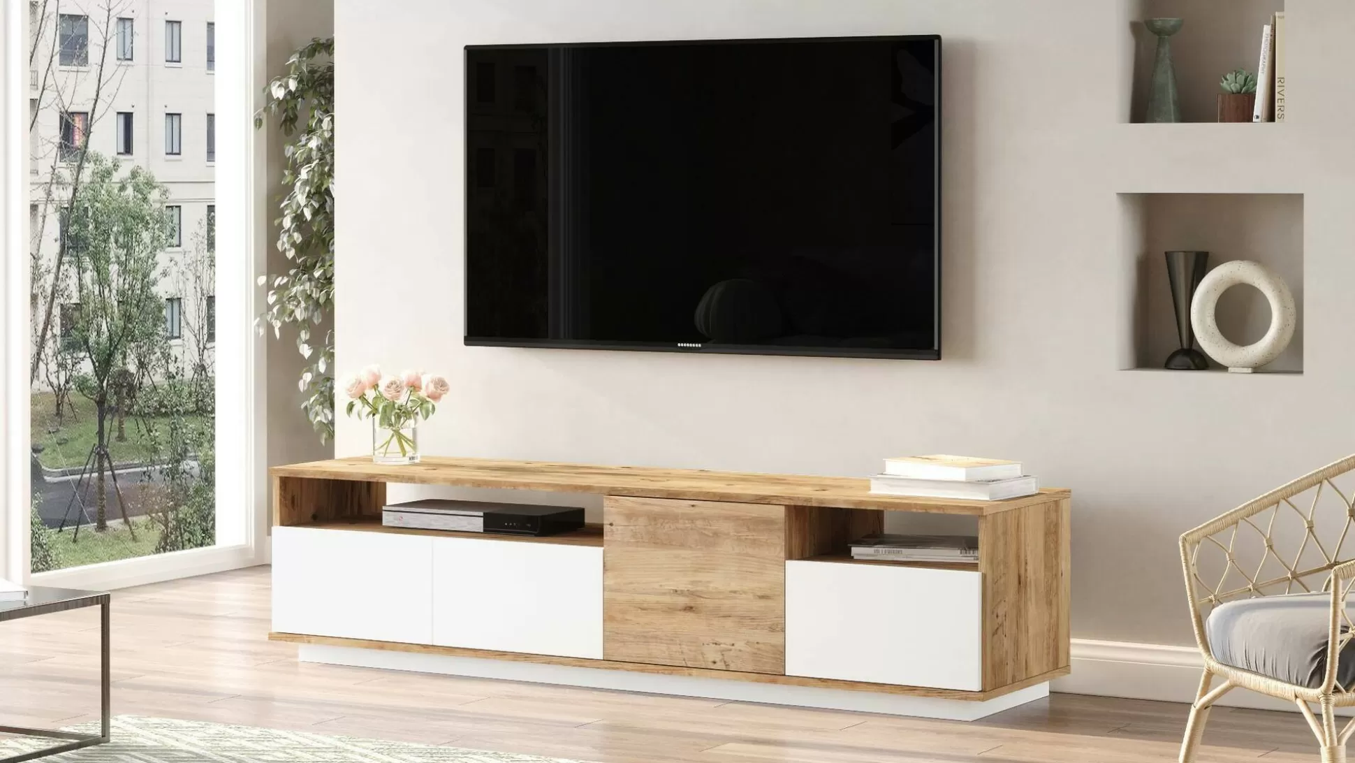 Dmora Mobili Porta Tv<Mobile porta TV Axi, 180x45h45 cm, Quercia e Bianco
