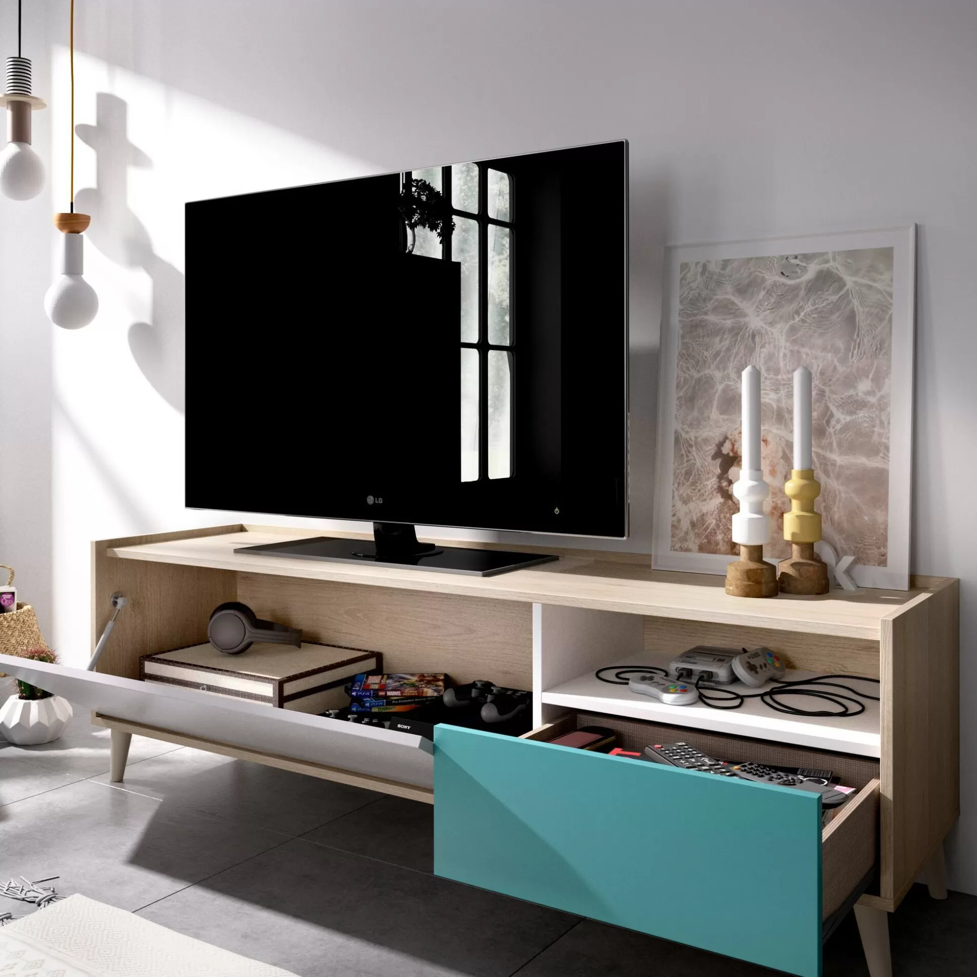 Dmora Mobili Porta Tv<Mobile porta TV Axterix, 155x43h47 cm, Rovere e Bianco