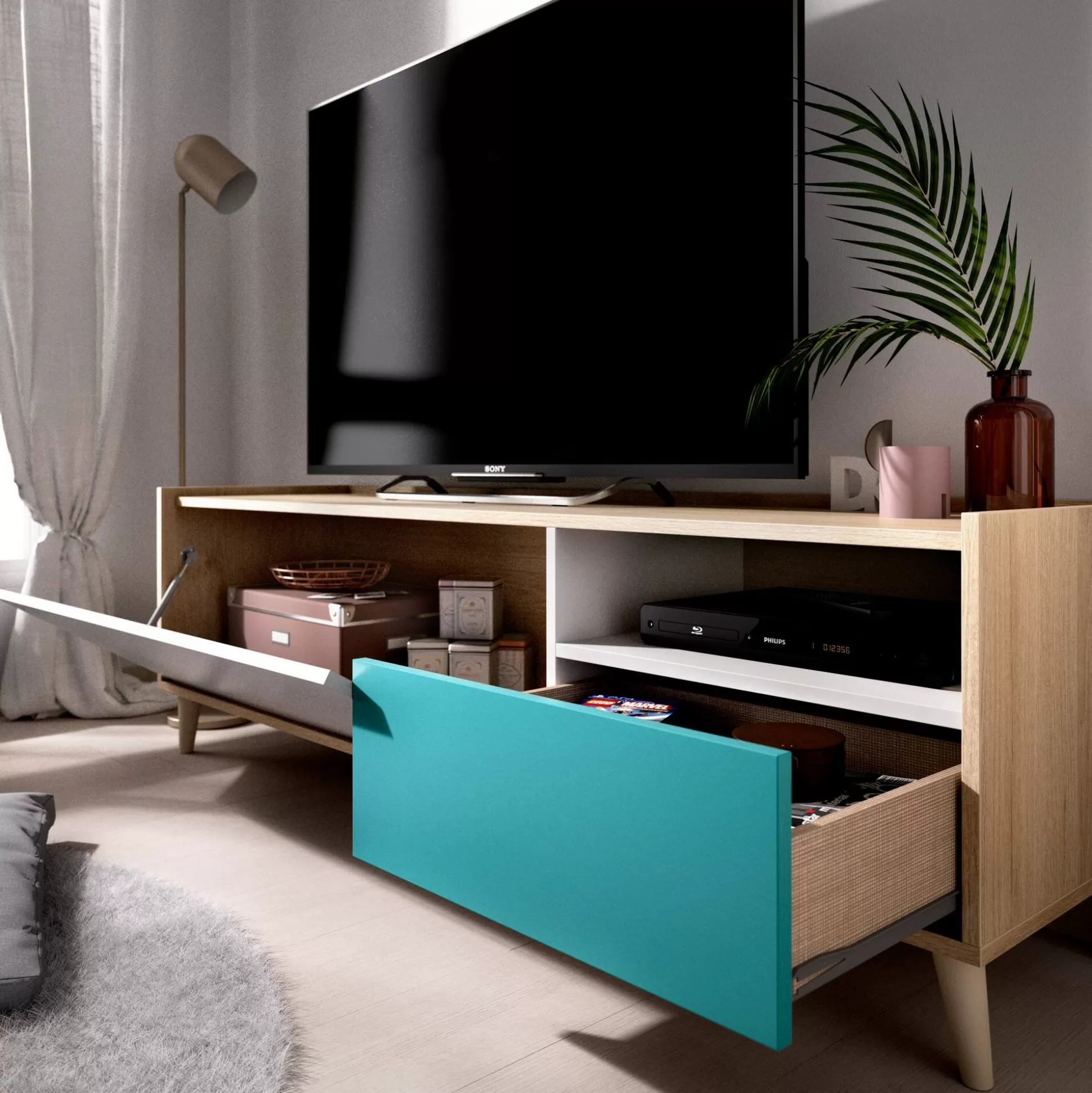 Dmora Mobili Porta Tv<Mobile porta TV Axterix, 155x43h47 cm, Rovere e Bianco