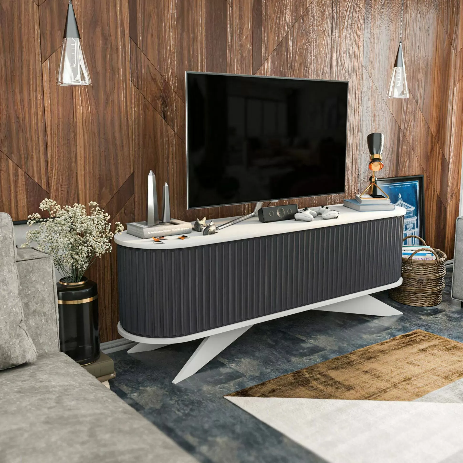 Dmora Mobili Porta Tv<Mobile porta TV Bailu, 180x43h60 cm, Antracite e Bianco