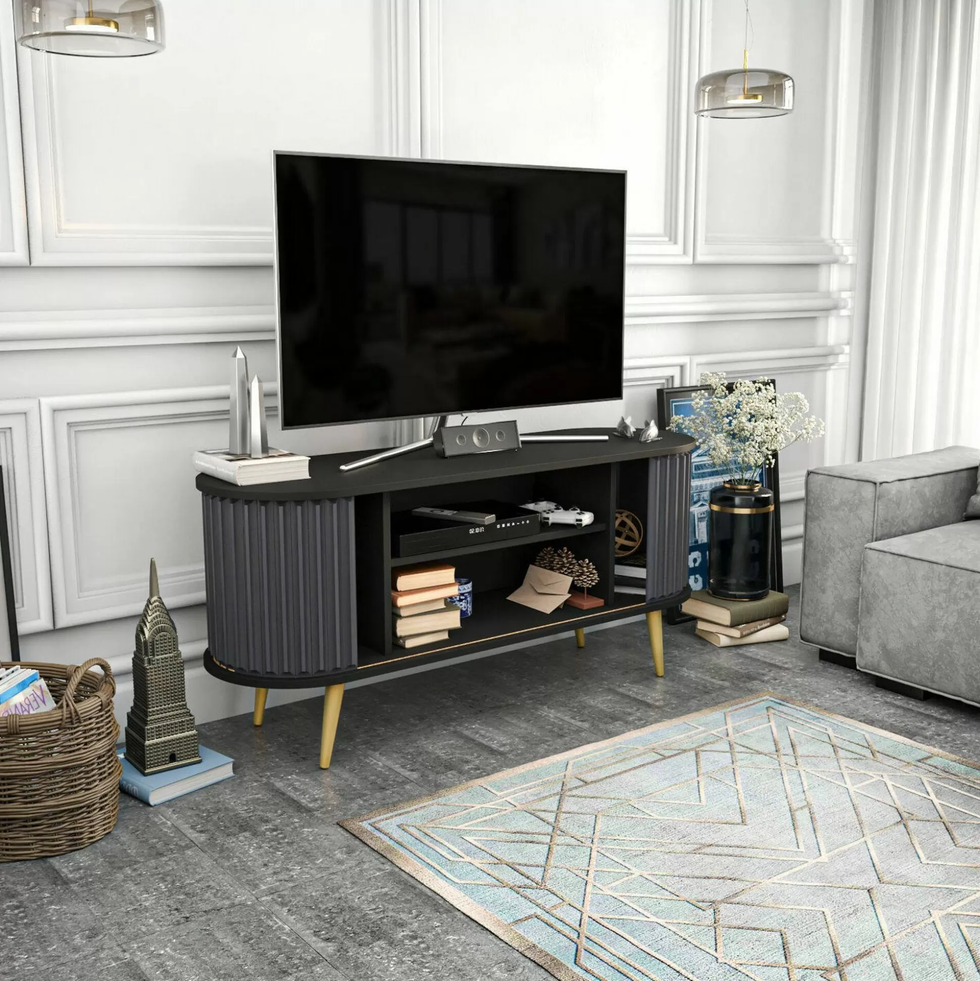 Dmora Mobili Porta Tv<Mobile porta TV Bailu, 140x43h64 cm, Nero e Antracite