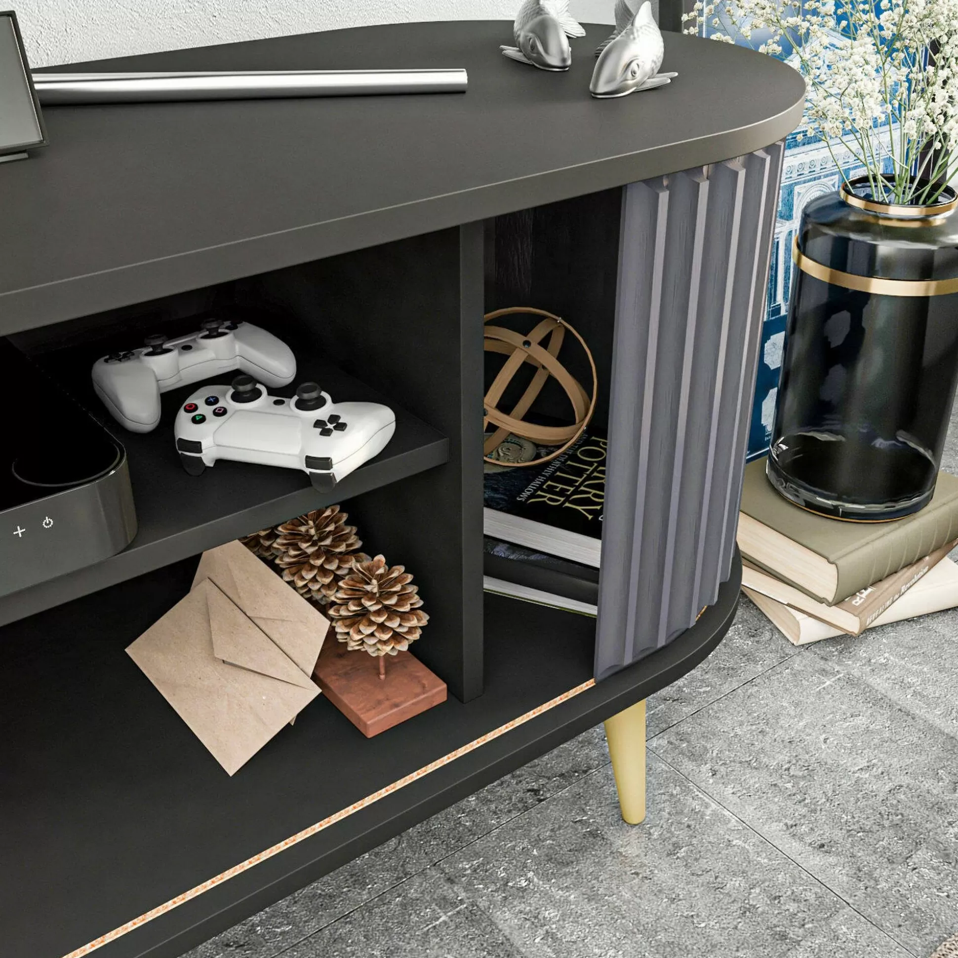 Dmora Mobili Porta Tv<Mobile porta TV Bailu, 140x43h64 cm, Nero e Antracite