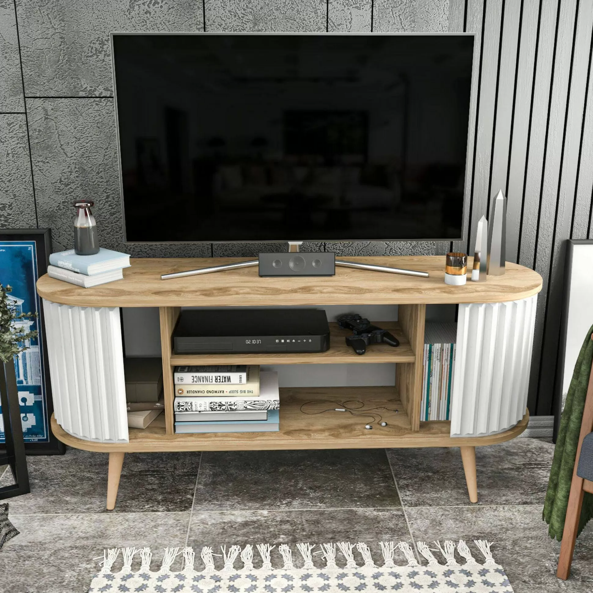 Dmora Mobili Porta Tv<Mobile porta TV Bailu, 140x43h64 cm, Quercia e Bianco