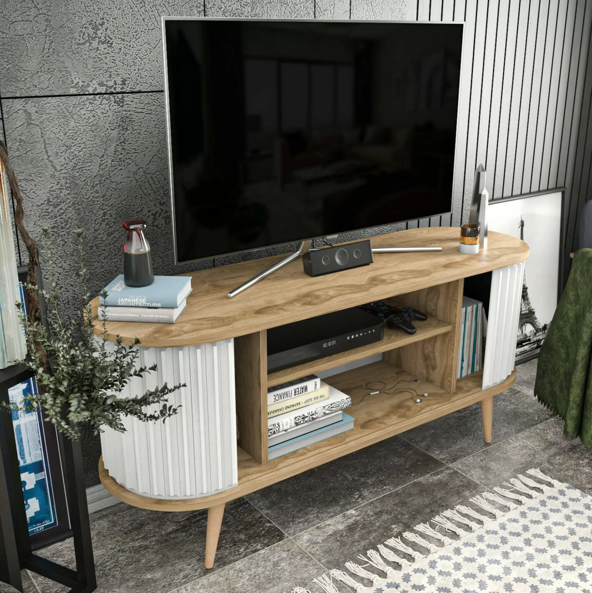 Dmora Mobili Porta Tv<Mobile porta TV Bailu, 140x43h64 cm, Quercia e Bianco