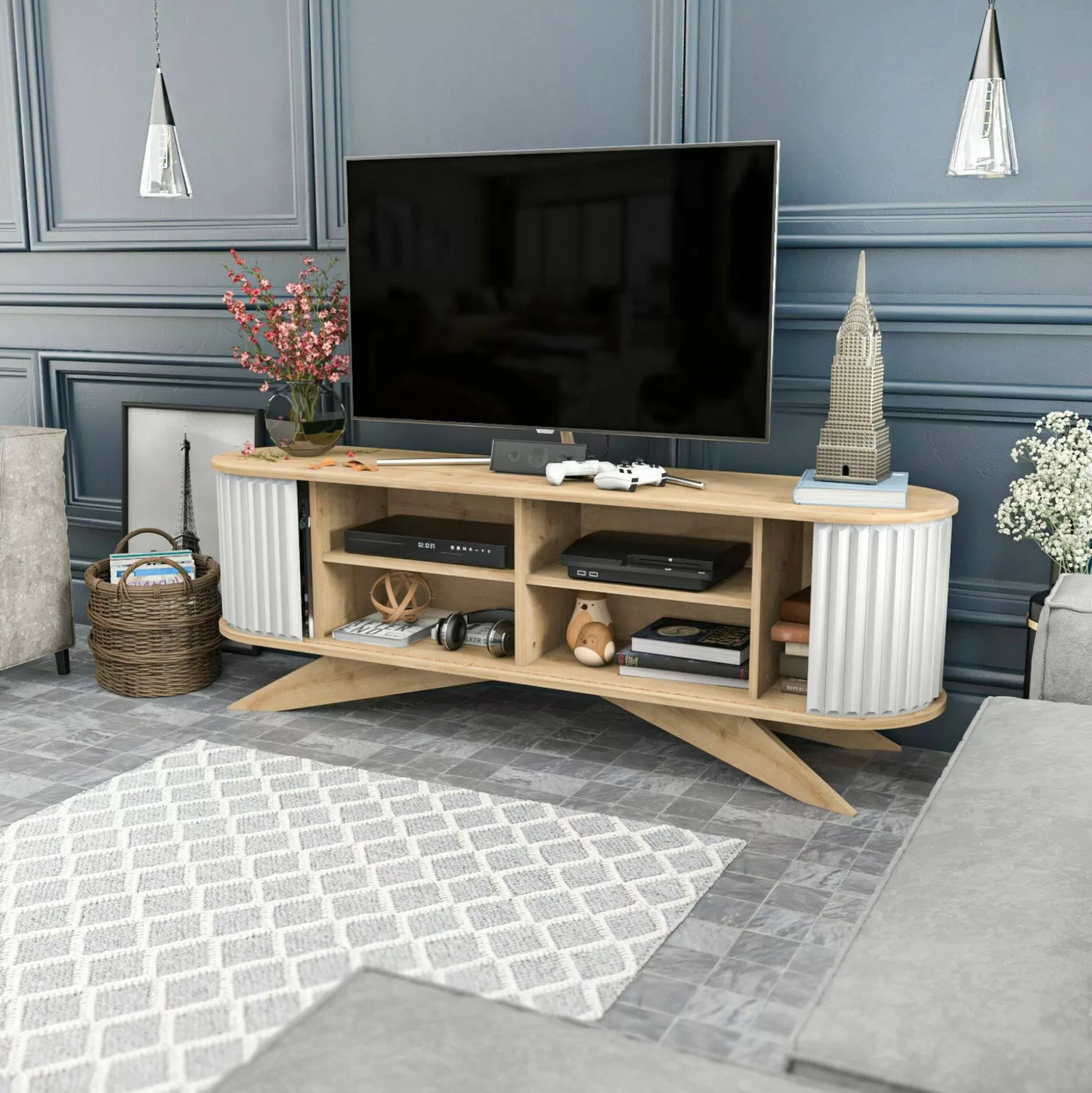 Dmora Mobili Porta Tv<Mobile porta TV Bailu, 180x43h60 cm, Quercia e Bianco