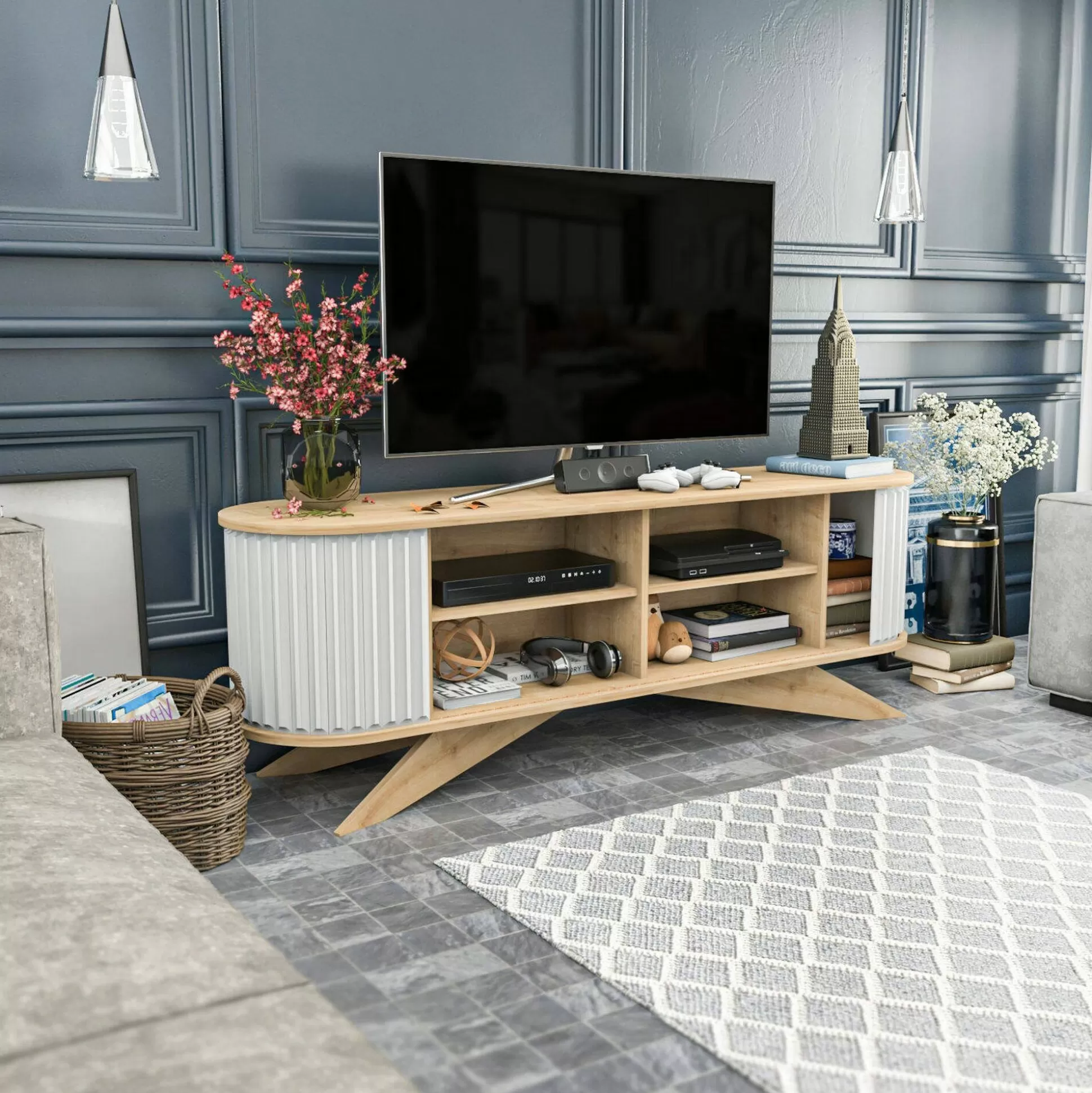 Dmora Mobili Porta Tv<Mobile porta TV Bailu, 180x43h60 cm, Quercia e Bianco