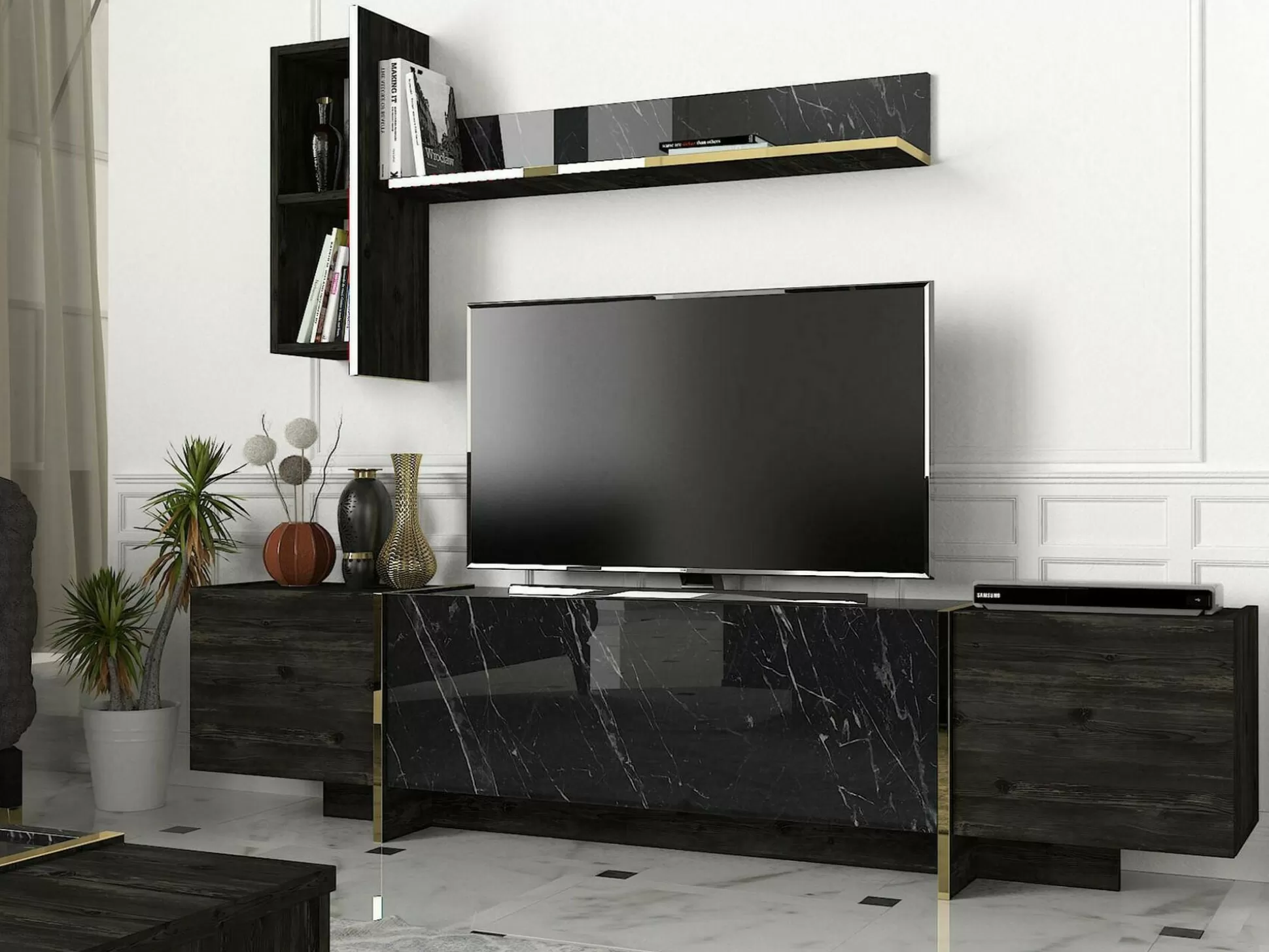 Dmora Mobili Porta Tv<Mobile porta TV Beinasco, 180x32h45 cm, Nero e Oro