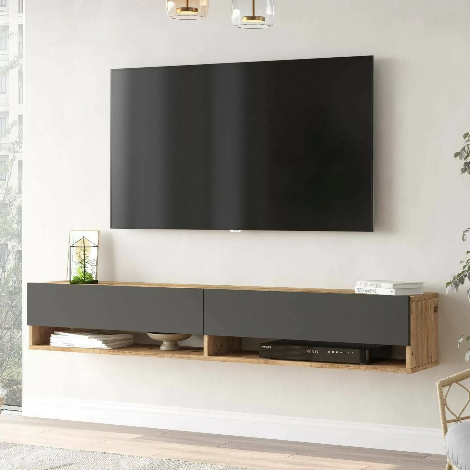 Dmora Mobili Porta Tv<Mobile porta TV Compasso, 180x32h29 cm, Quercia e Antracite