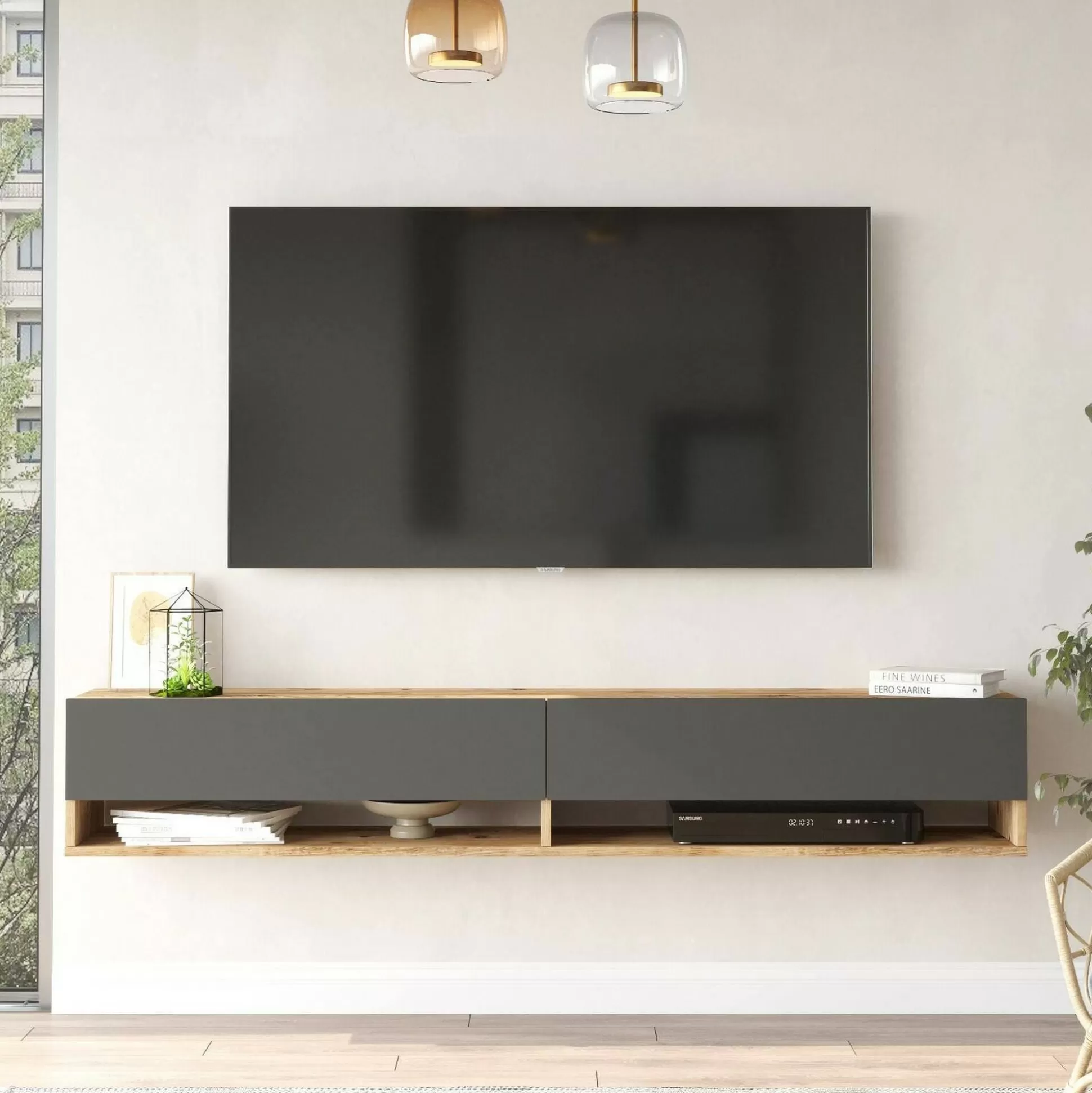 Dmora Mobili Porta Tv<Mobile porta TV Compasso, 180x32h29 cm, Quercia e Antracite