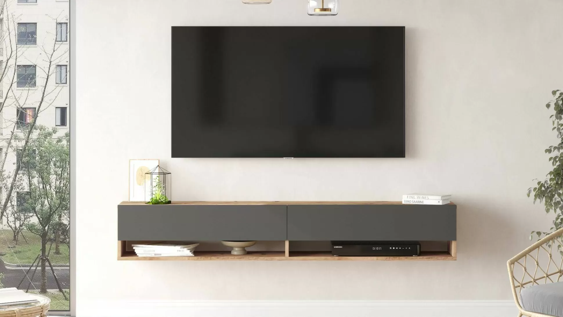 Dmora Mobili Porta Tv<Mobile porta TV Compasso, 180x32h29 cm, Quercia e Antracite