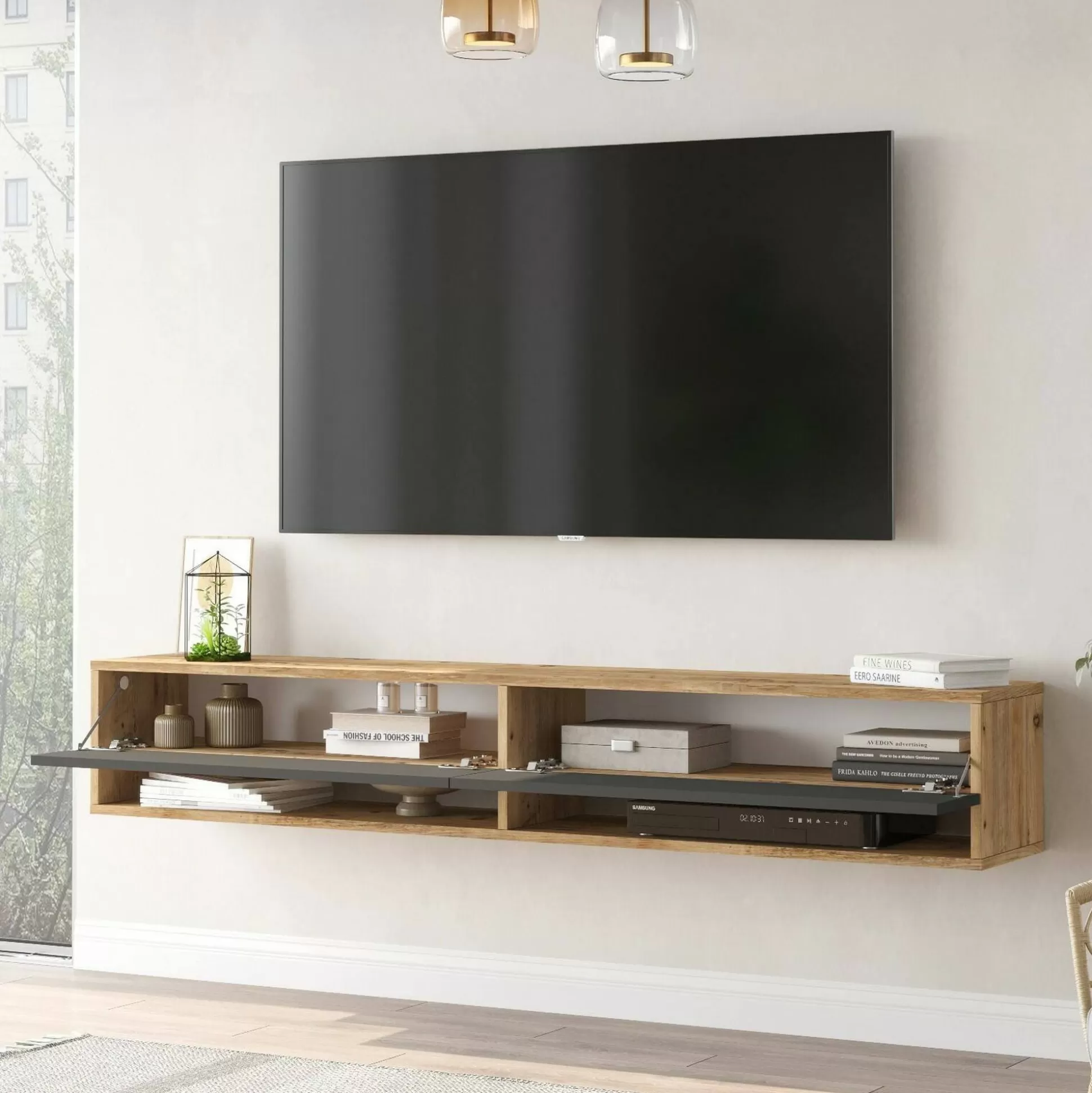 Dmora Mobili Porta Tv<Mobile porta TV Compasso, 180x32h29 cm, Quercia e Antracite