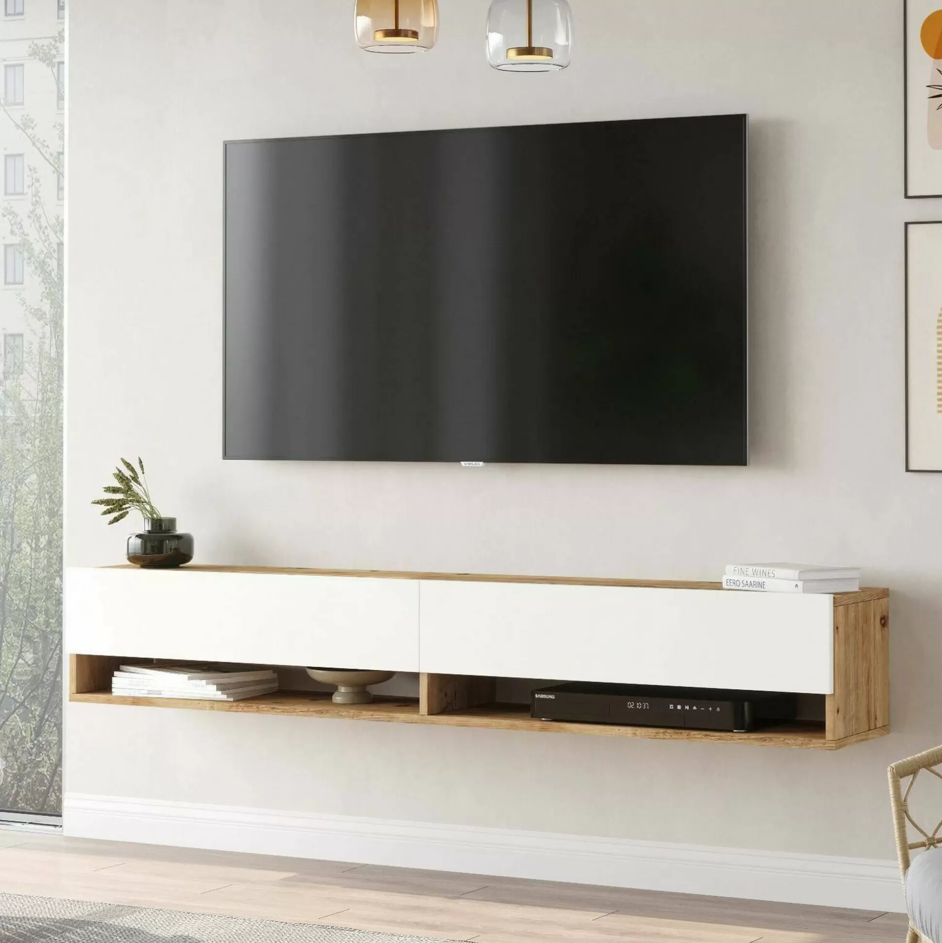 Dmora Mobili Porta Tv<Mobile porta TV Compasso, 180x32h29 cm, Quercia e Bianco