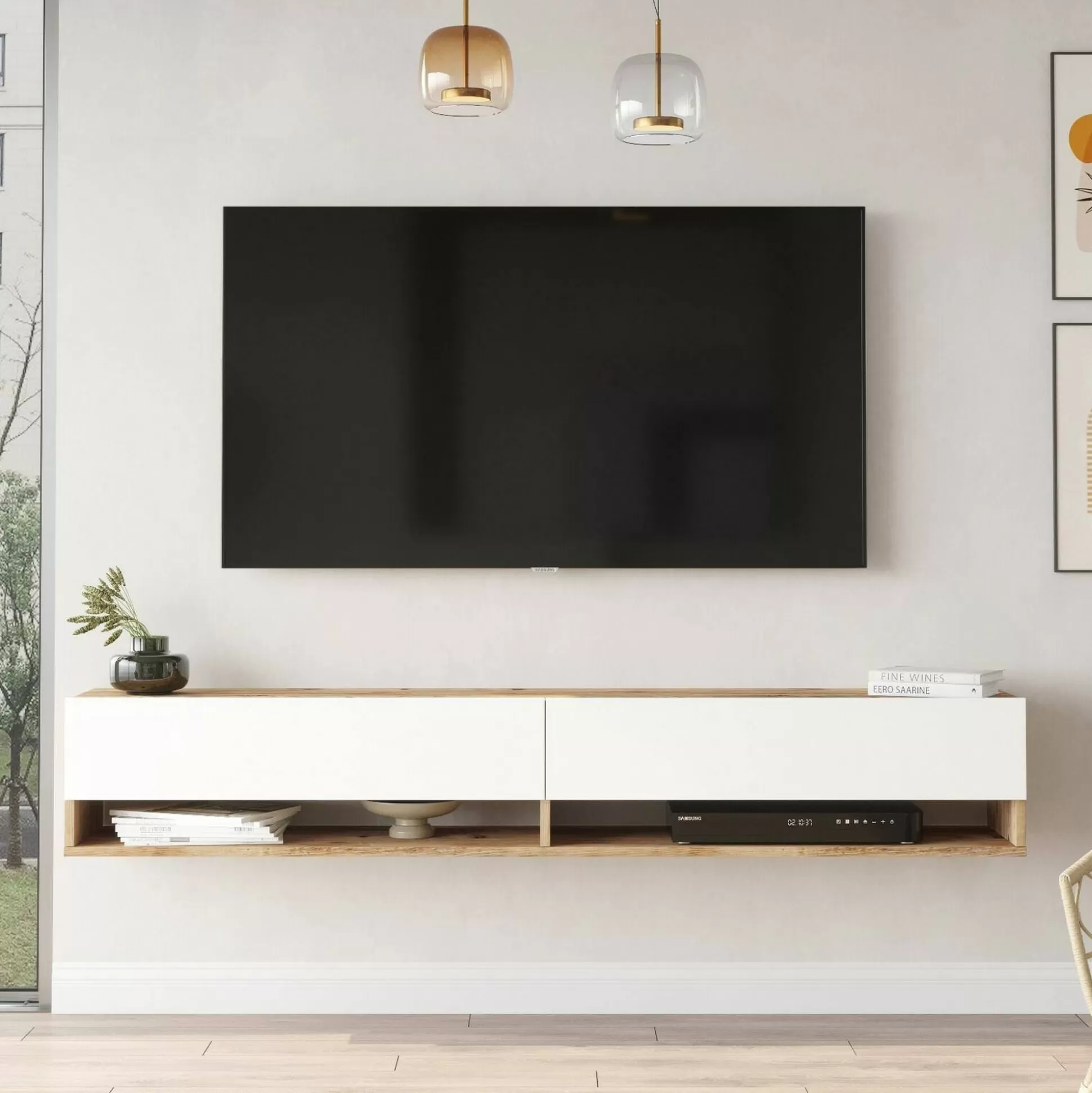 Dmora Mobili Porta Tv<Mobile porta TV Compasso, 180x32h29 cm, Quercia e Bianco