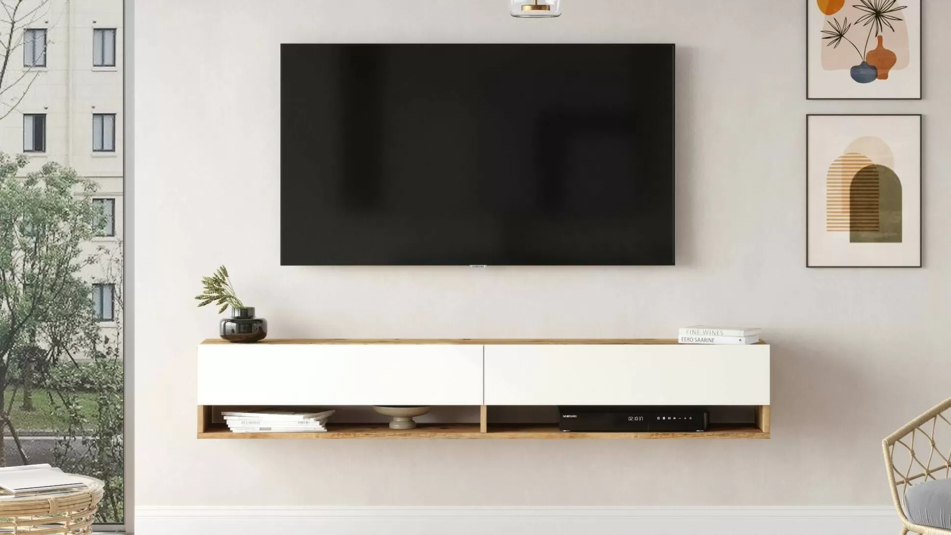 Dmora Mobili Porta Tv<Mobile porta TV Compasso, 180x32h29 cm, Quercia e Bianco