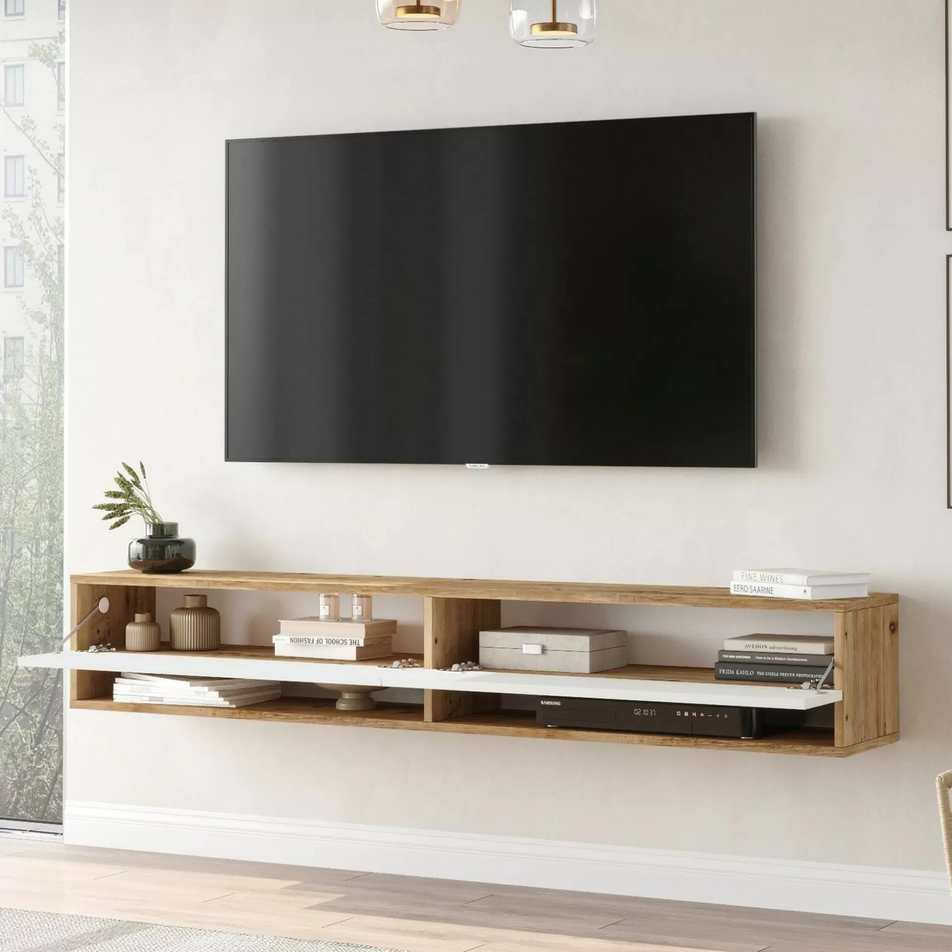 Dmora Mobili Porta Tv<Mobile porta TV Compasso, 180x32h29 cm, Quercia e Bianco
