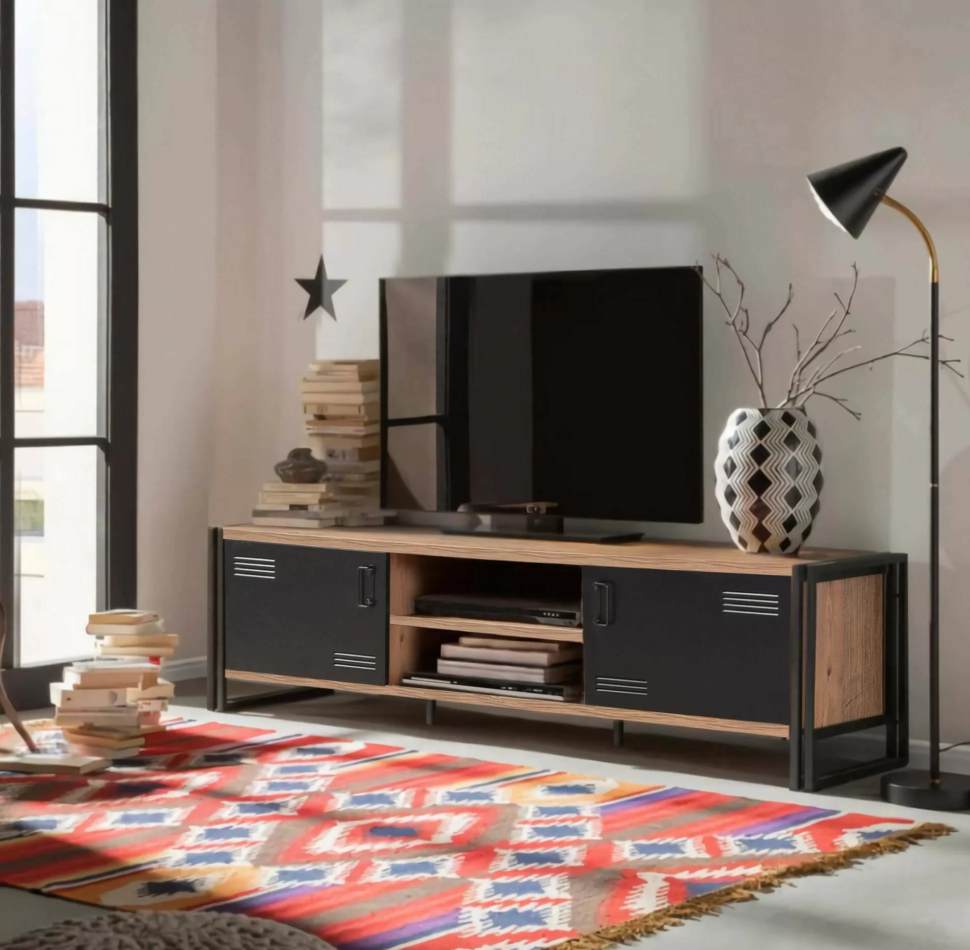 Dmora Mobili Porta Tv<Mobile porta TV Cyprien, Quercia e Nero, 180x45h50 cm