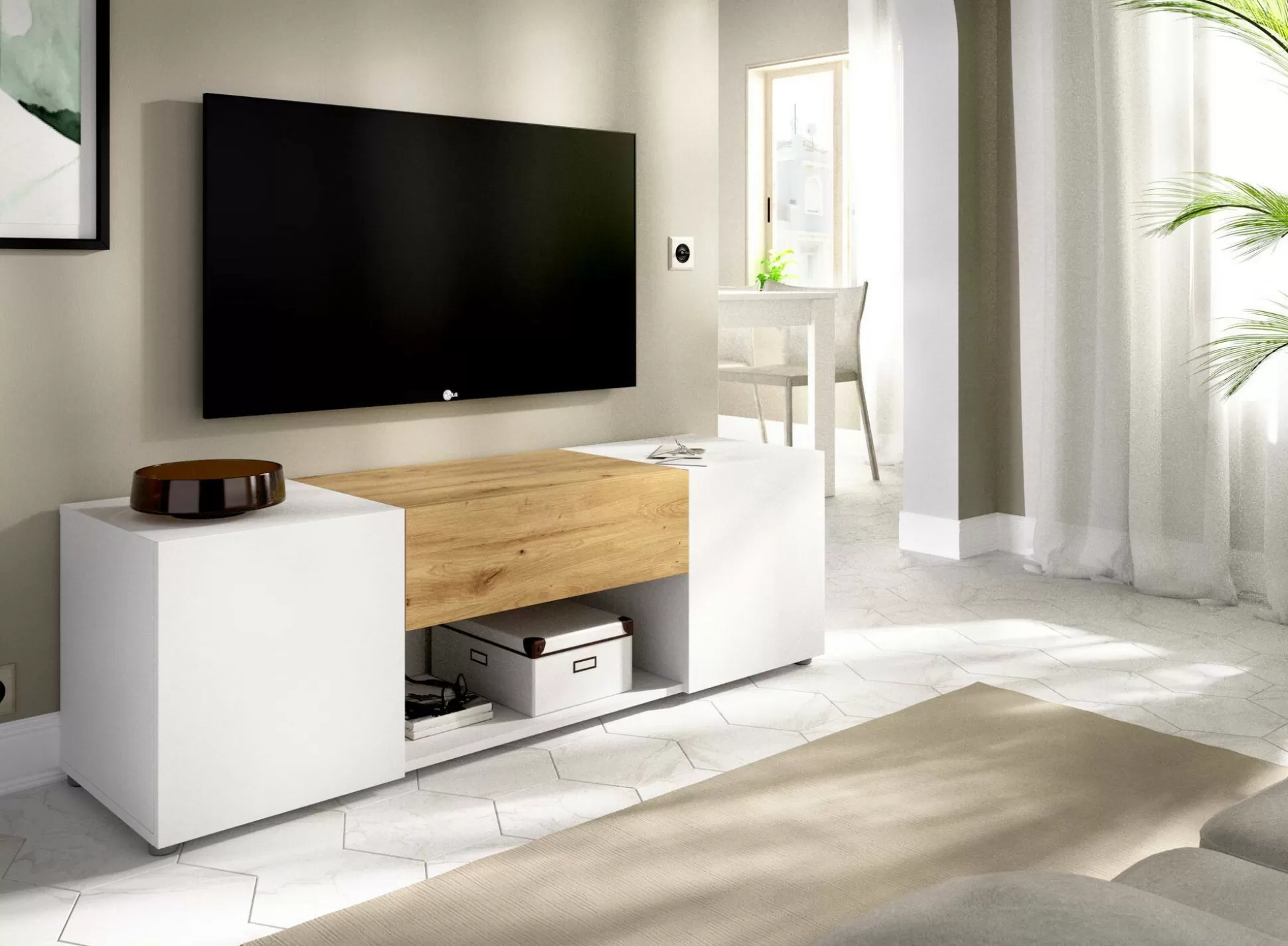 Dmora Mobili Porta Tv<Mobile porta TV Dacciar, 138x35h45 cm, Bianco e Rovere Nodi