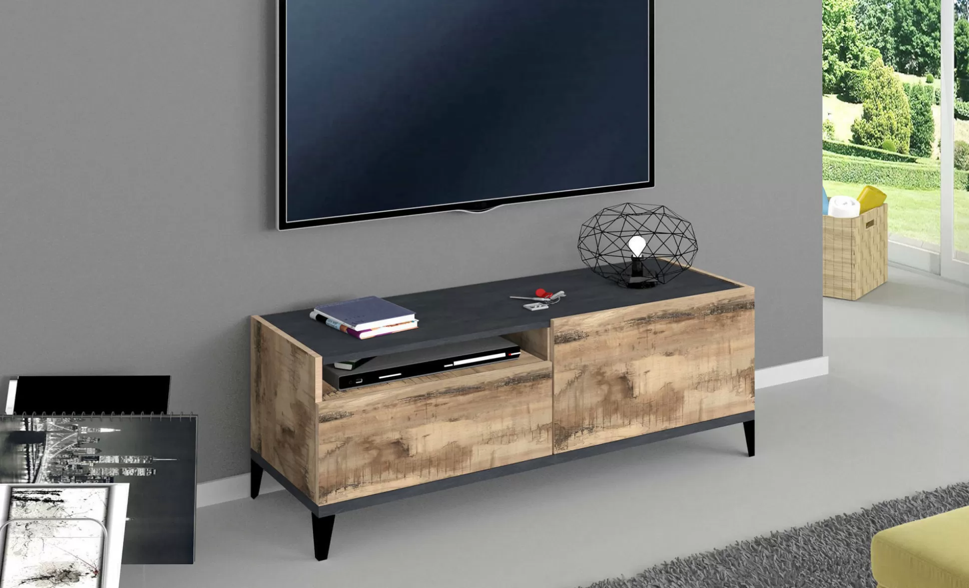 Dmora Mobili Porta Tv<Mobile porta TV Darcar, cm 120x40h47, Ardesia e Acero