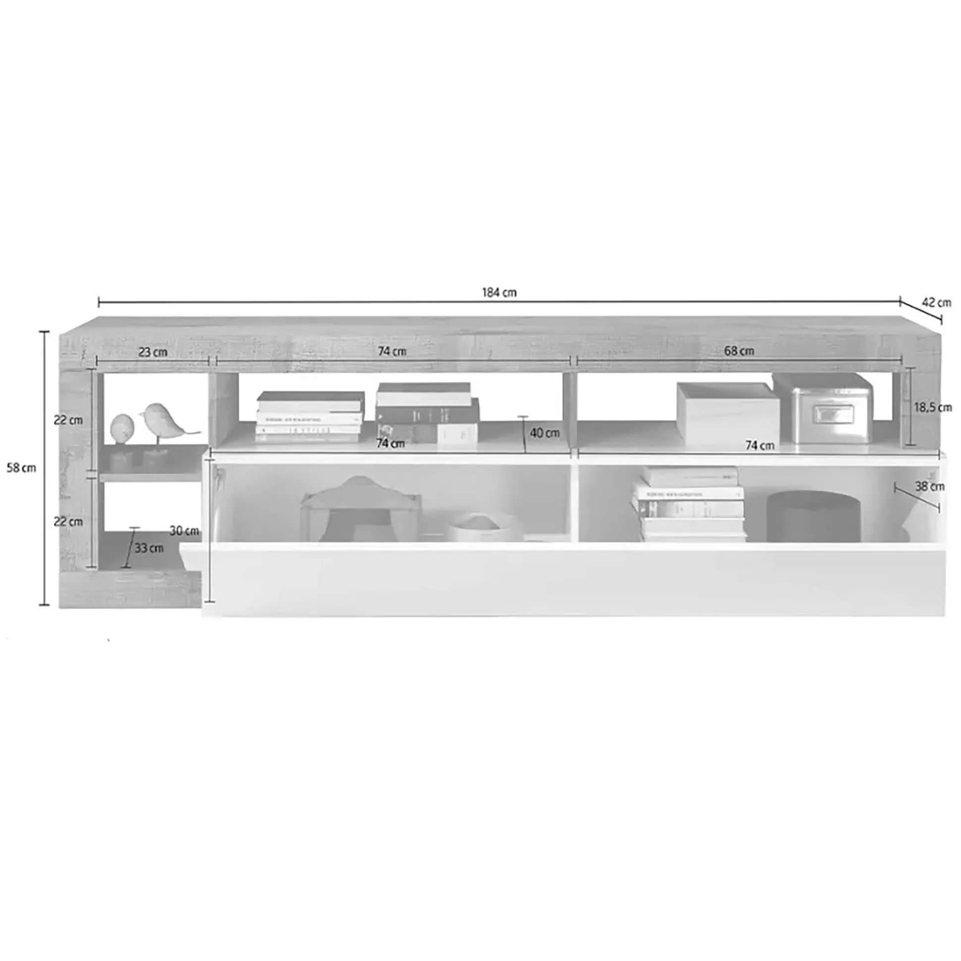 Dmora Mobili Porta Tv<Mobile porta TV Dbald, 184x42 h58 cm, Bianco lucido e Acacia