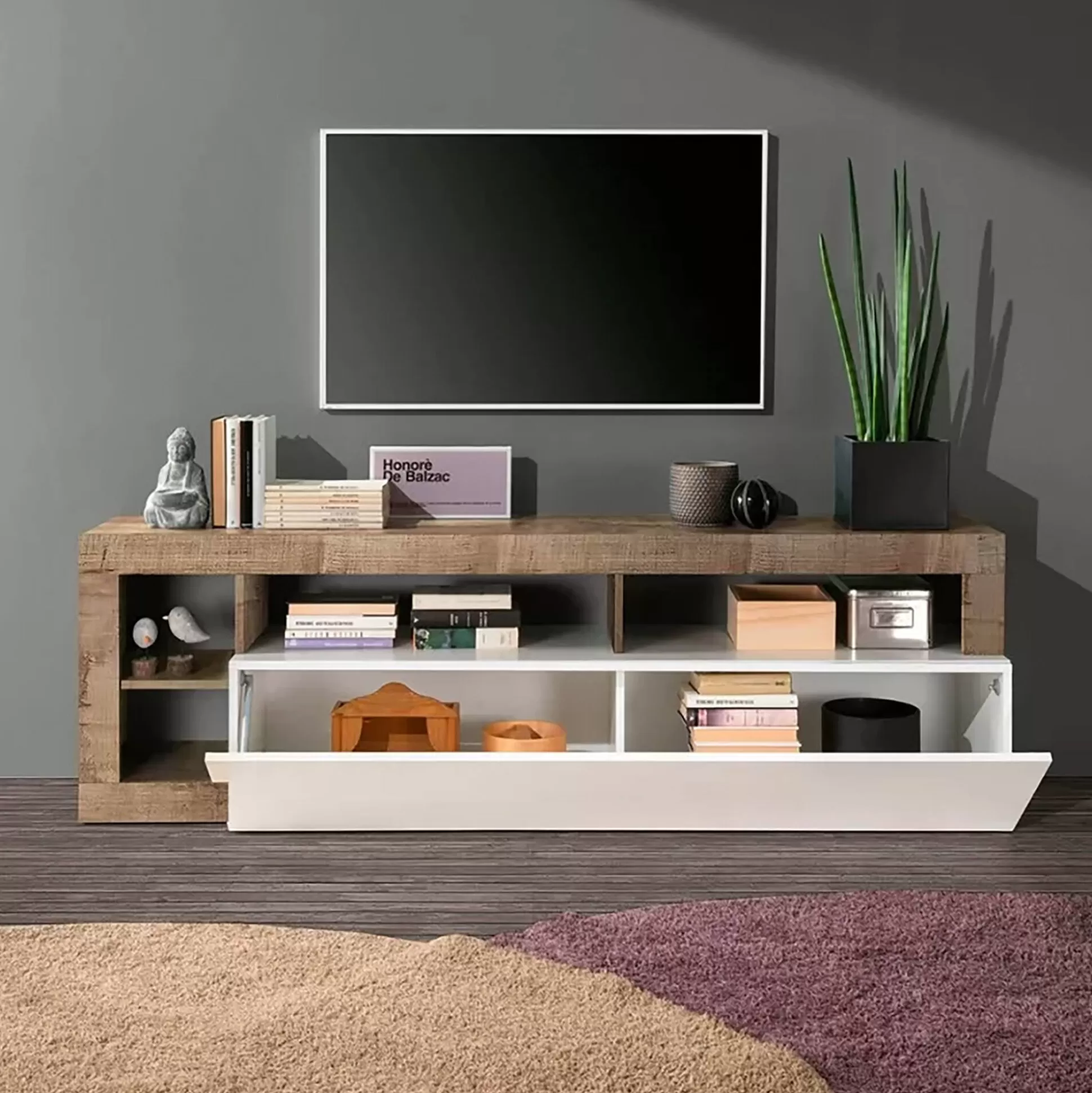 Dmora Mobili Porta Tv<Mobile porta TV Dbald, 184x42 h58 cm, Bianco lucido e Acacia