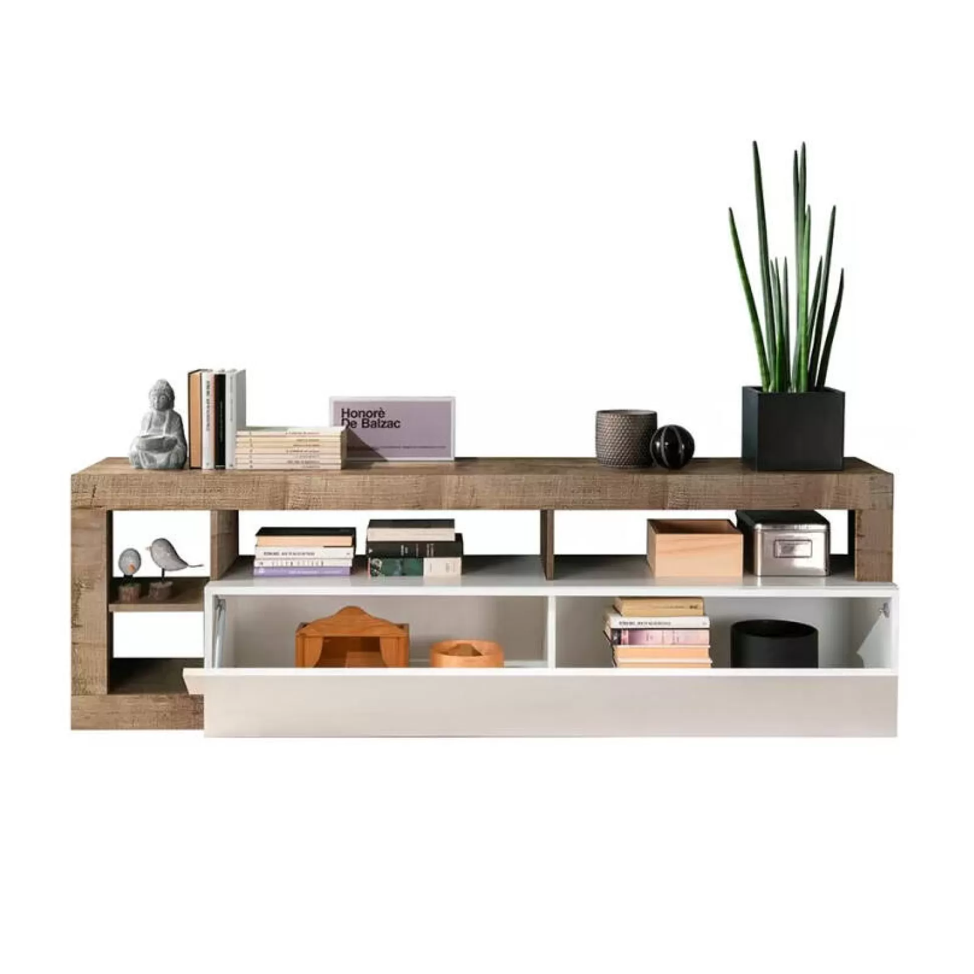 Dmora Mobili Porta Tv<Mobile porta TV Dbald, 184x42 h58 cm, Bianco lucido e Acacia