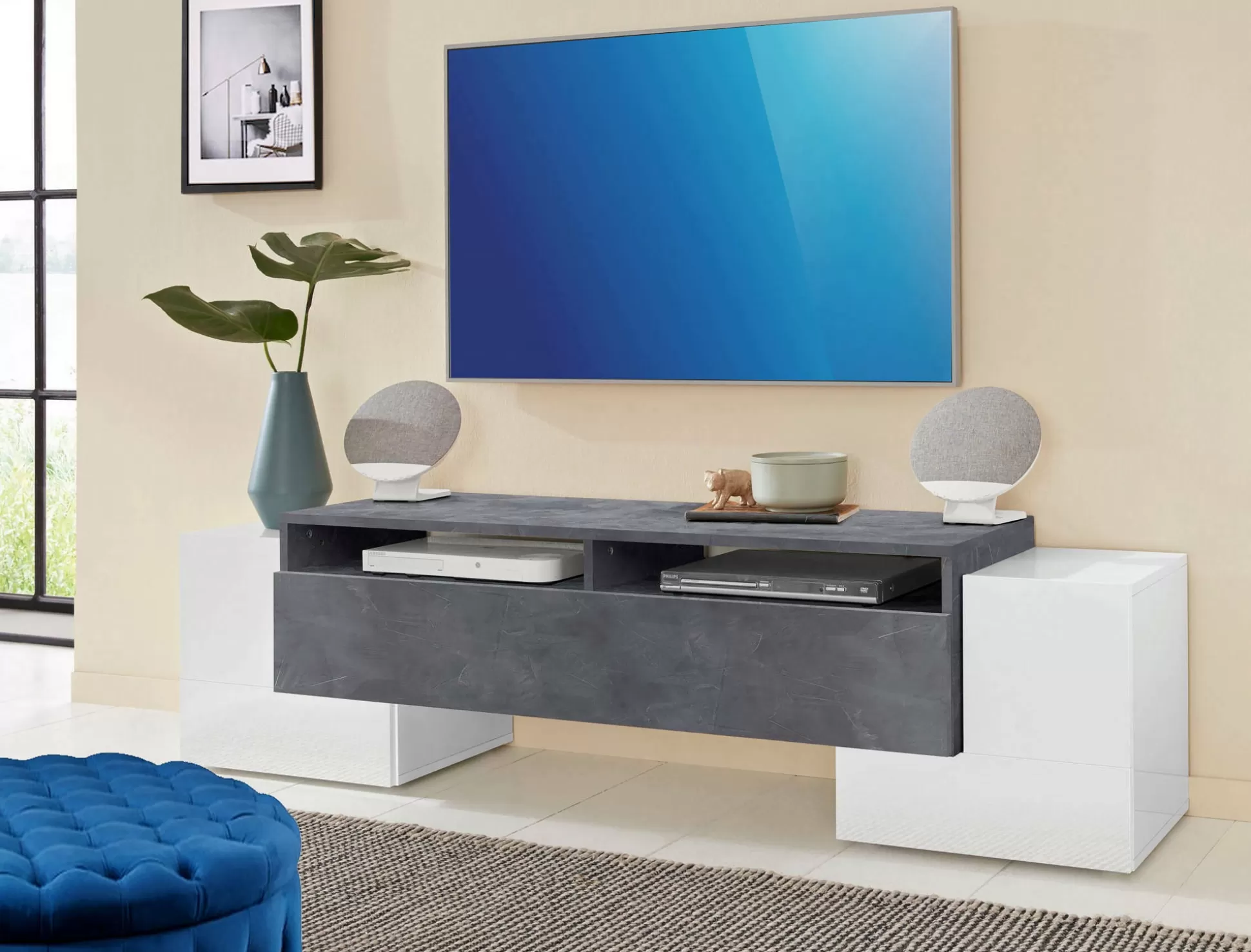 Dmora Mobili Porta Tv<Mobile porta TV Dbasi, cm 170x45h45, Bianco lucido e Ardesia